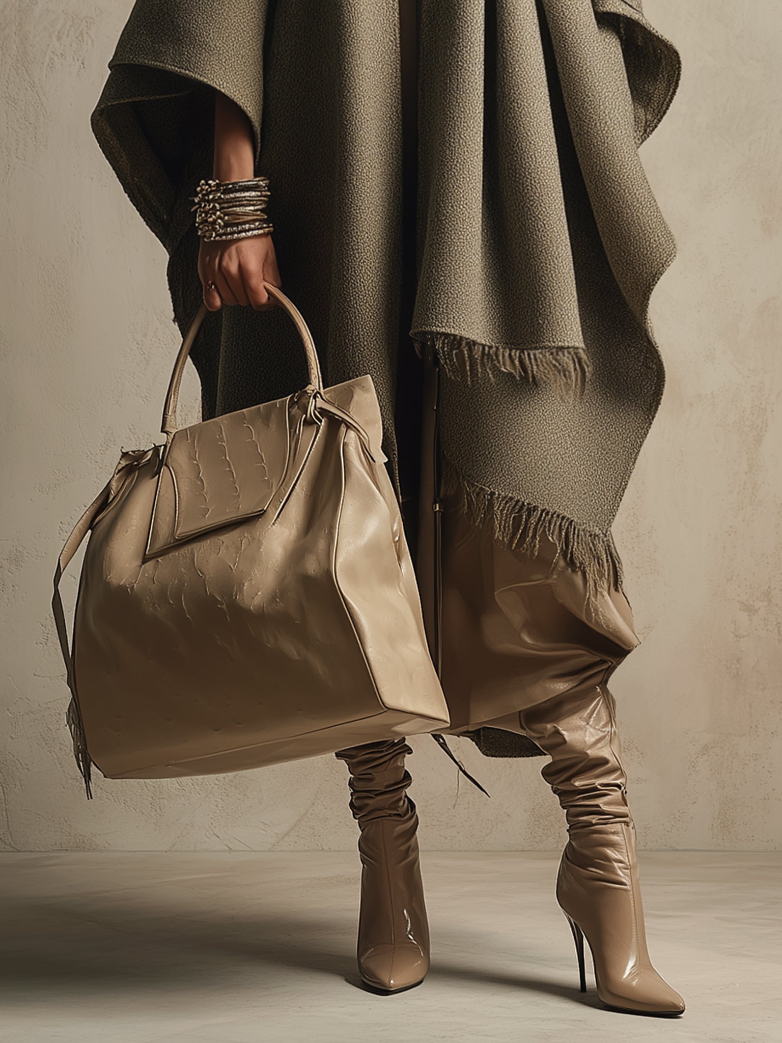 Green Loose Fitting Wool Blend Coat No Scarf