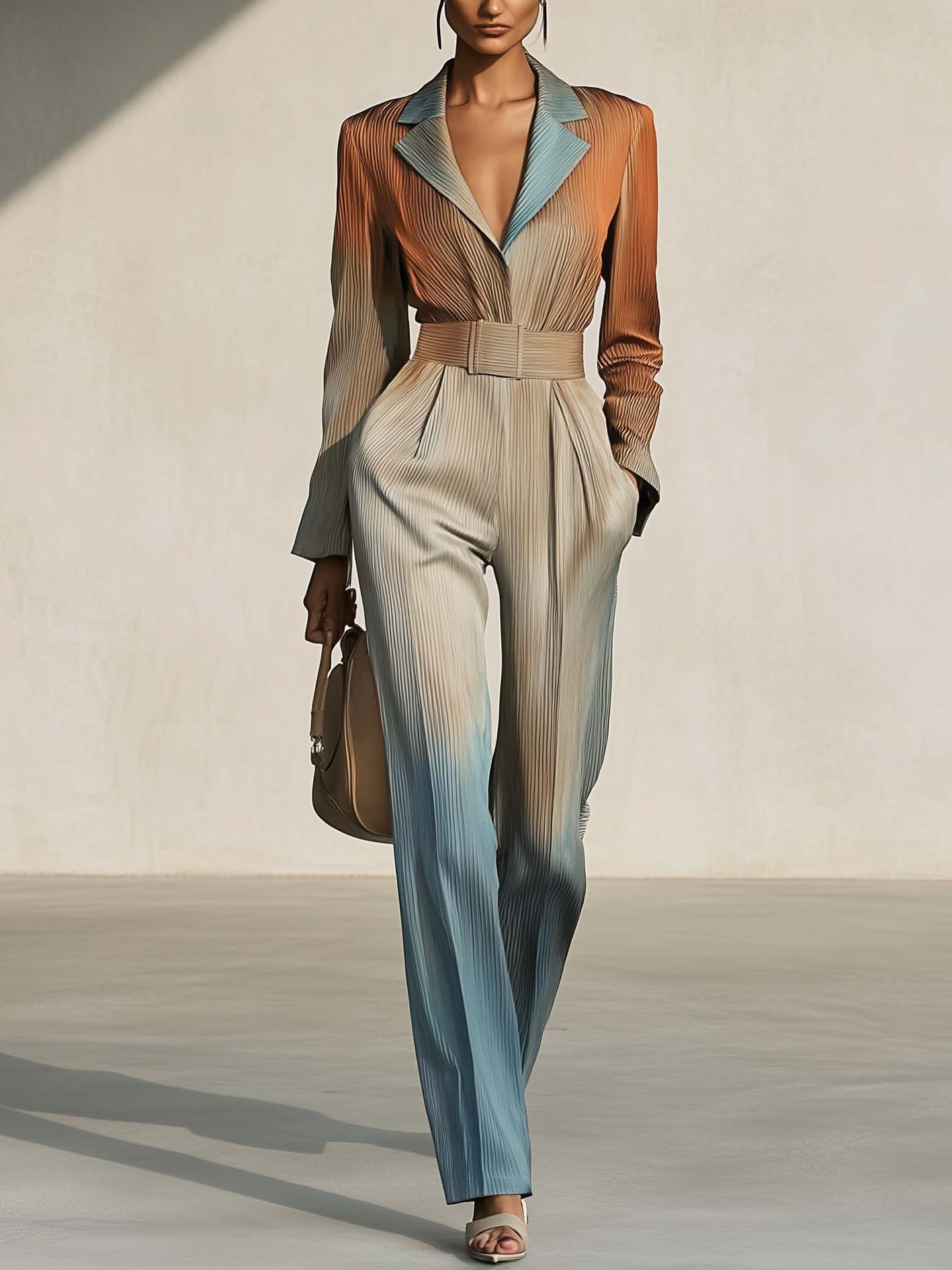 Gray Jumpsuit With Multicolor Gradient Print And Belt