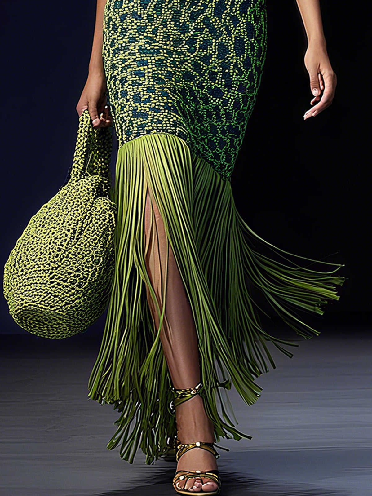 Green Gradient Fringe Halter Neck Maxi Dress