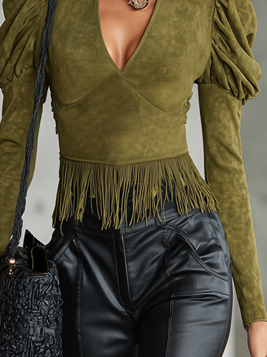Olive Green Faux Suede Fringe Top With Puff Sleeves