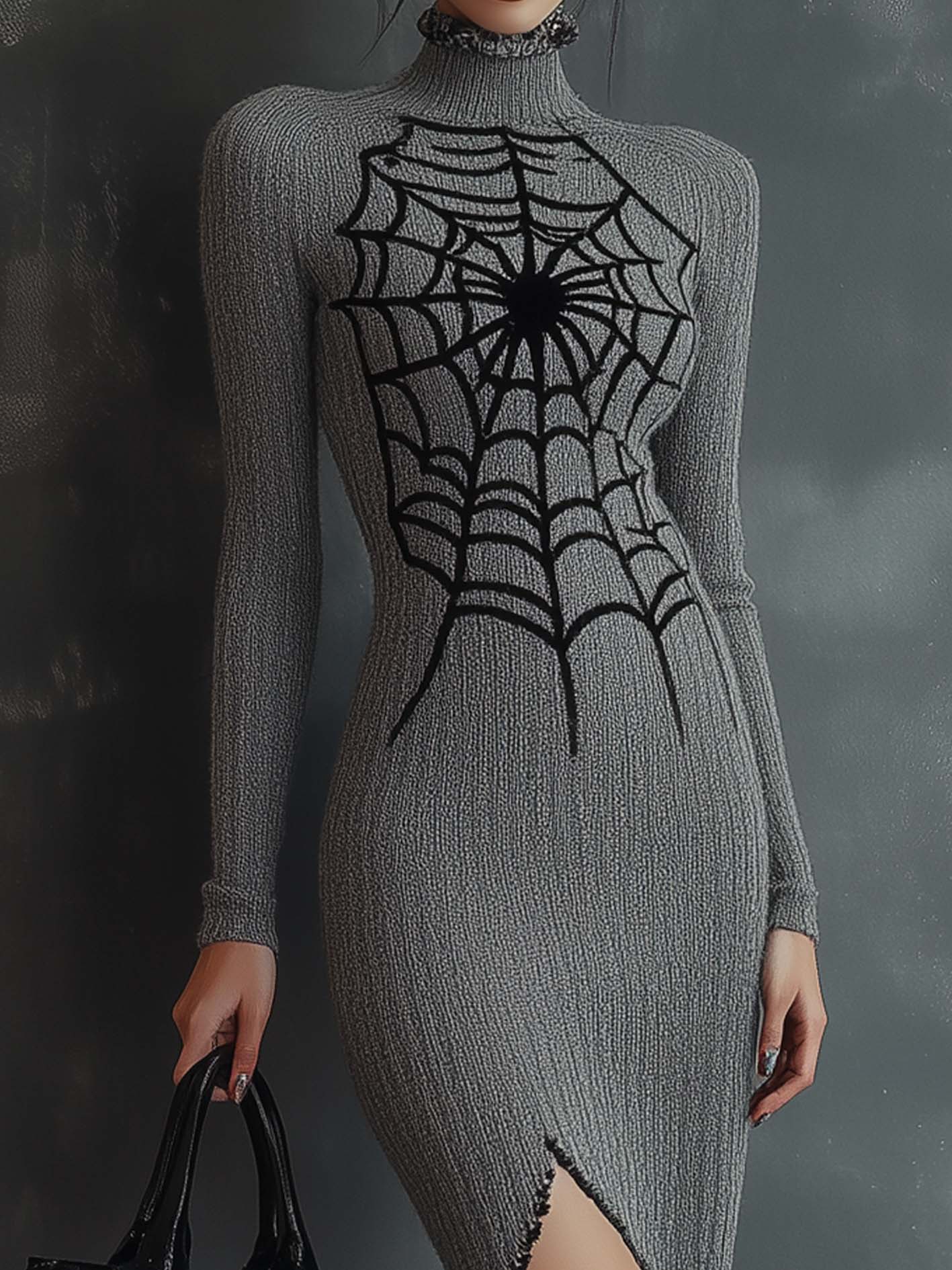 Gray Side-slit Knitted Midi Bodycon Dress With Spiderweb Pattern