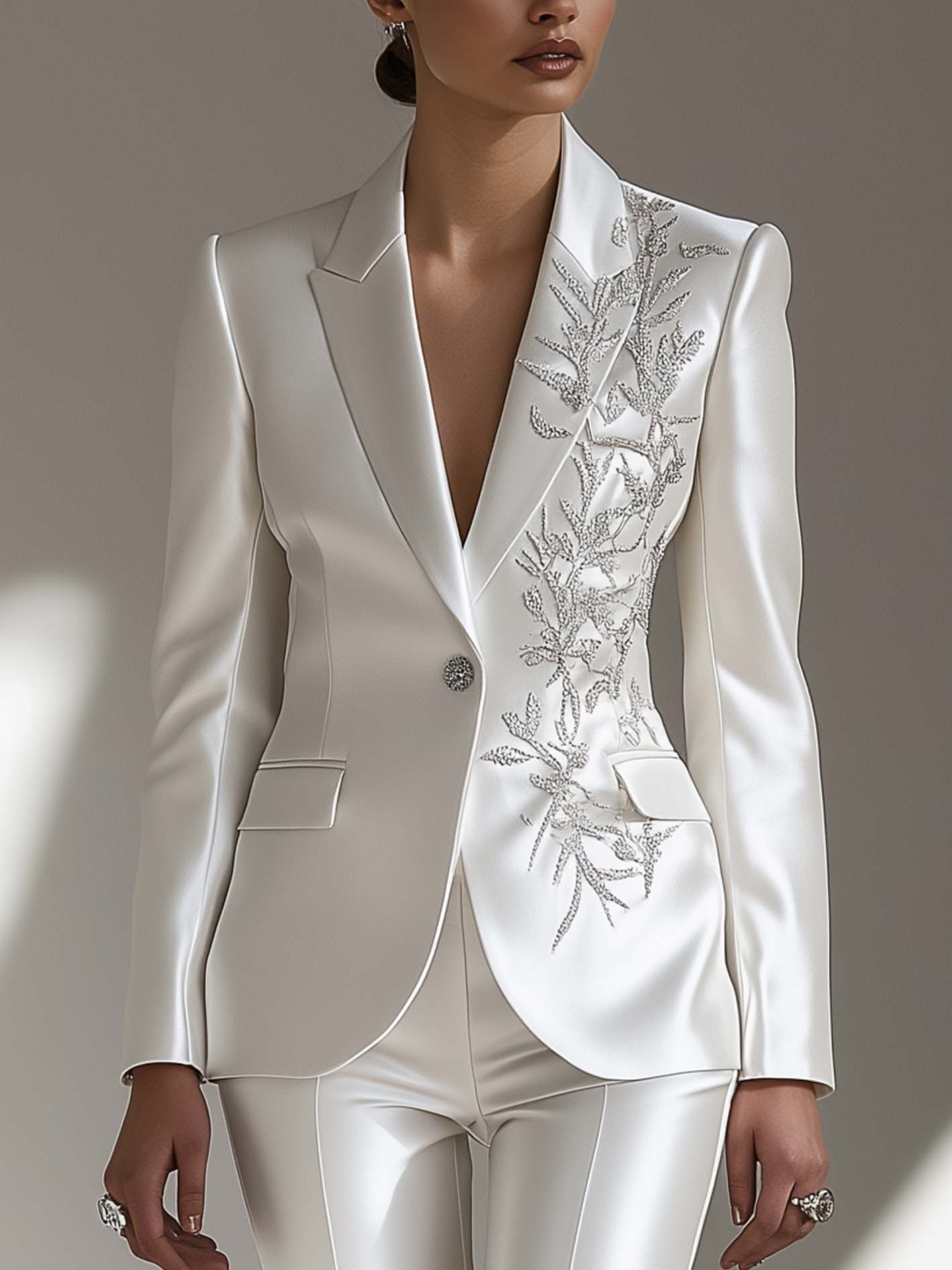 White Satin Blazer With Elegant Botanical Embroidery