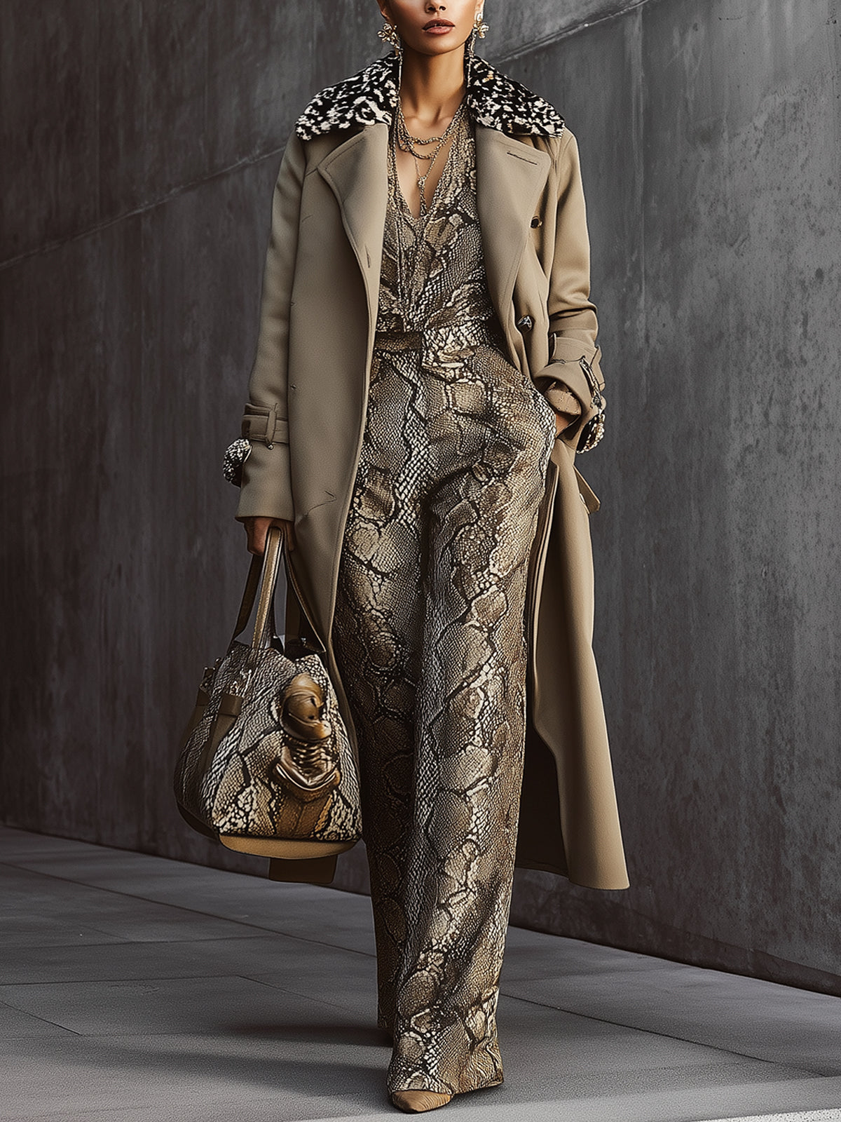 Light Brown Classic Wool Blend Coat With Detachable Animal Print Eco Fur Collar