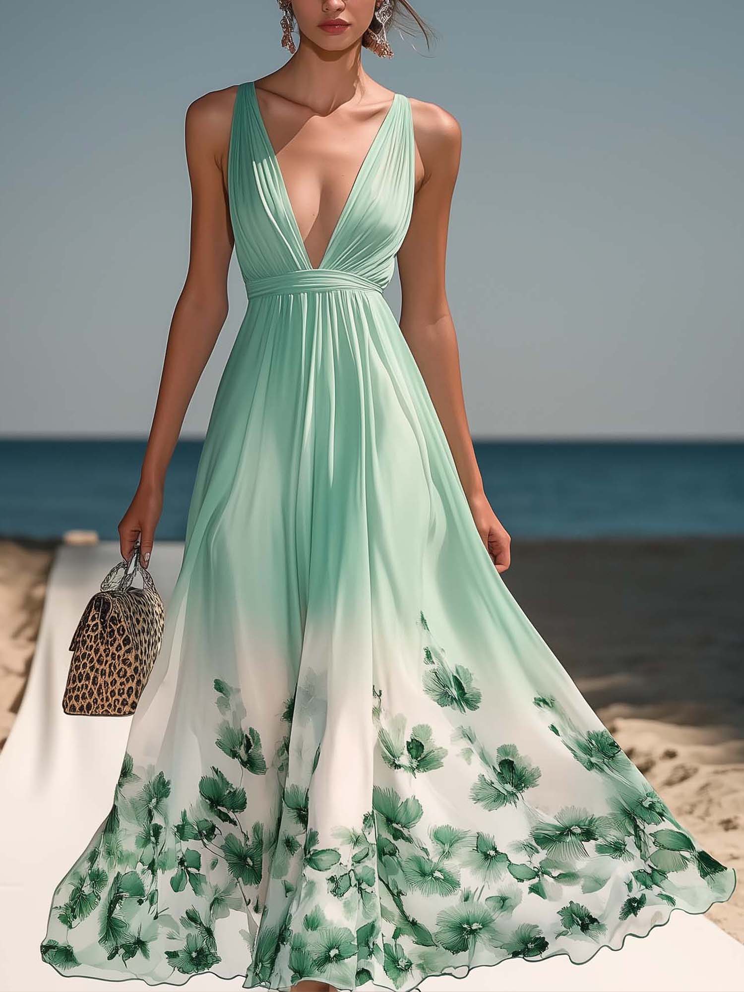 Green Chiffon Maxi Dress With Gradient And Floral Print