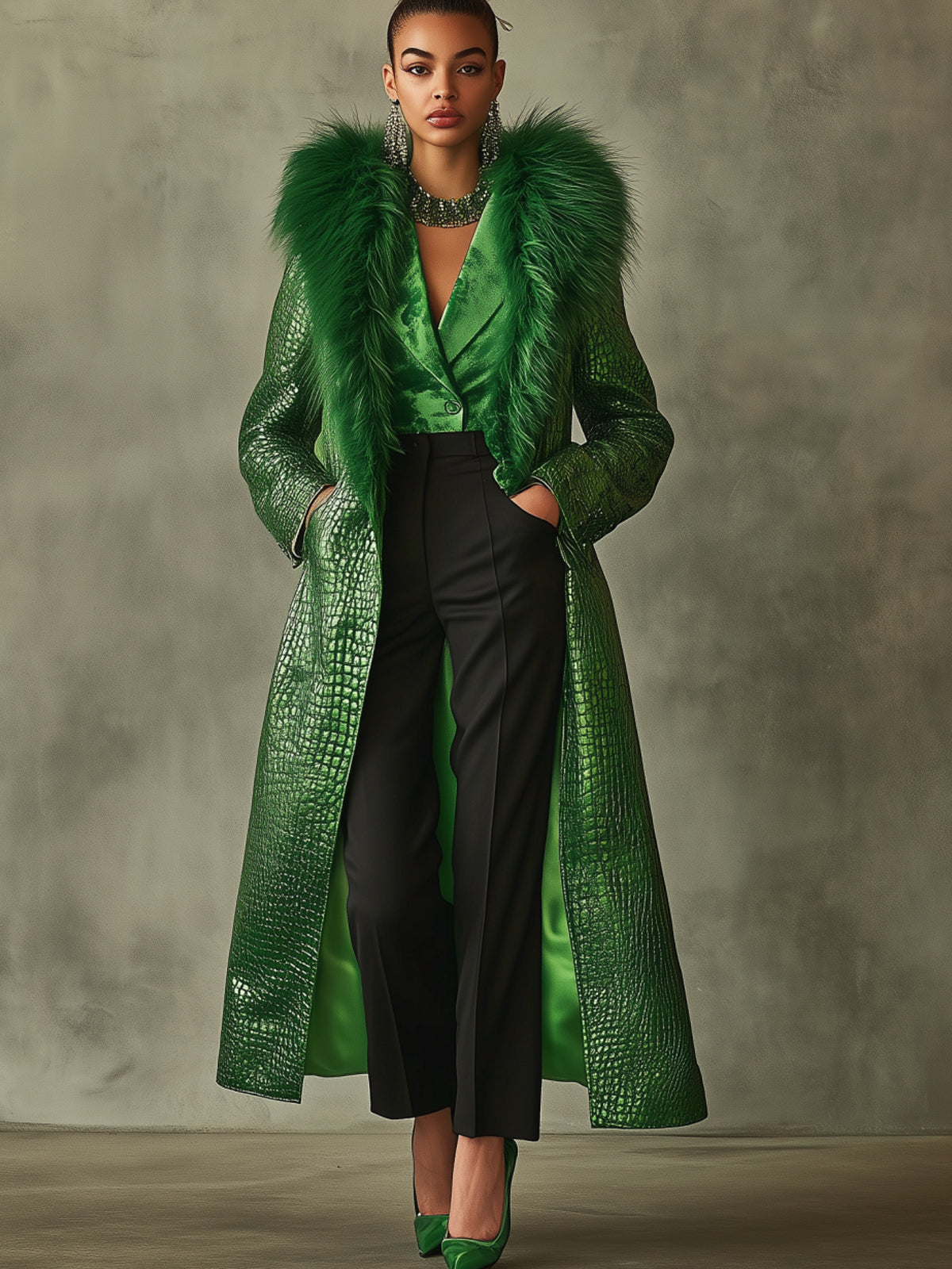 Green Crocodile Faux Fur Collar Long Coat