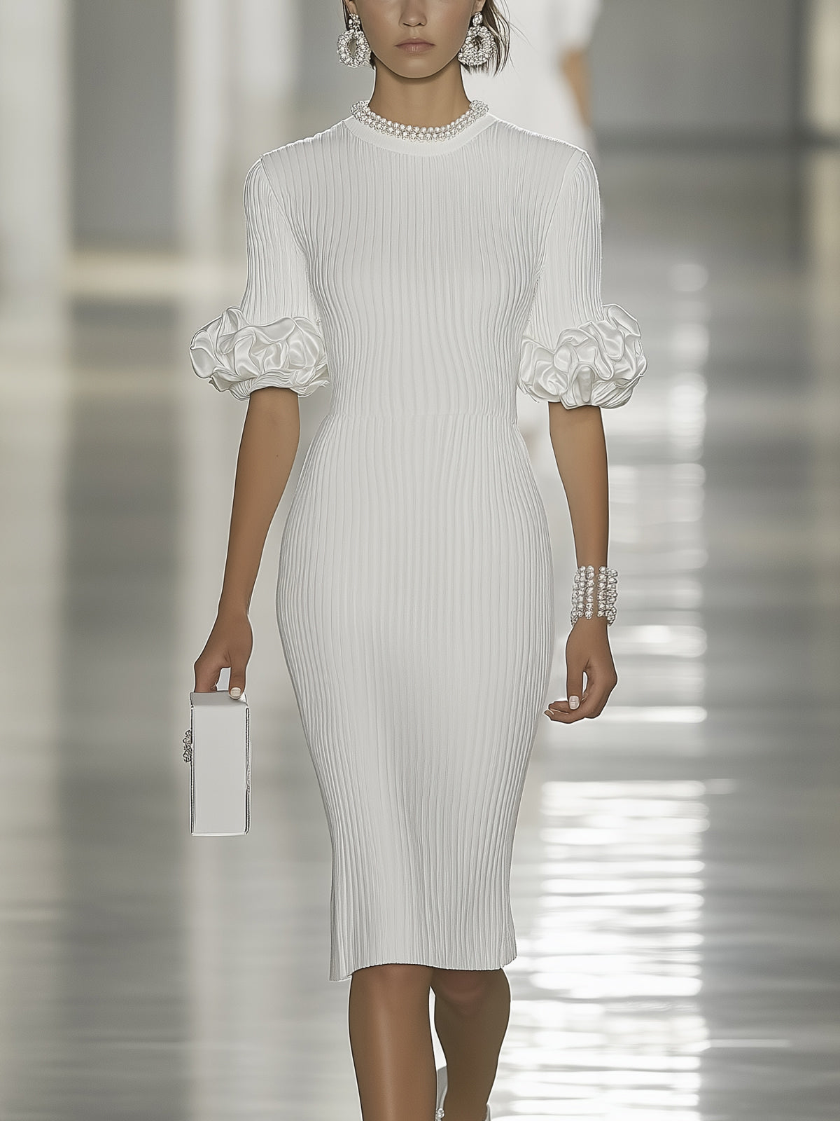 White Ribbed Knit Satin Puff Sleeve High Neck Elbow Sleeve Midi Dress
