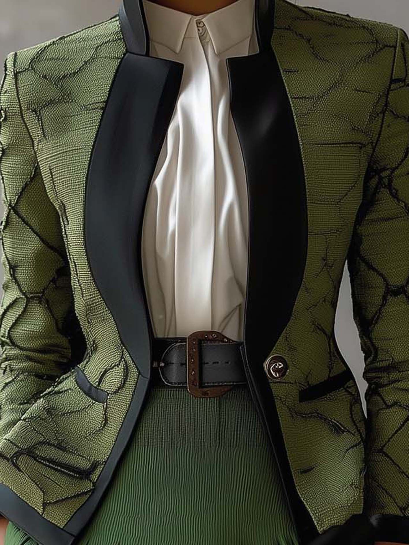 Green Jacket With Retro Pattern And Black Trim
