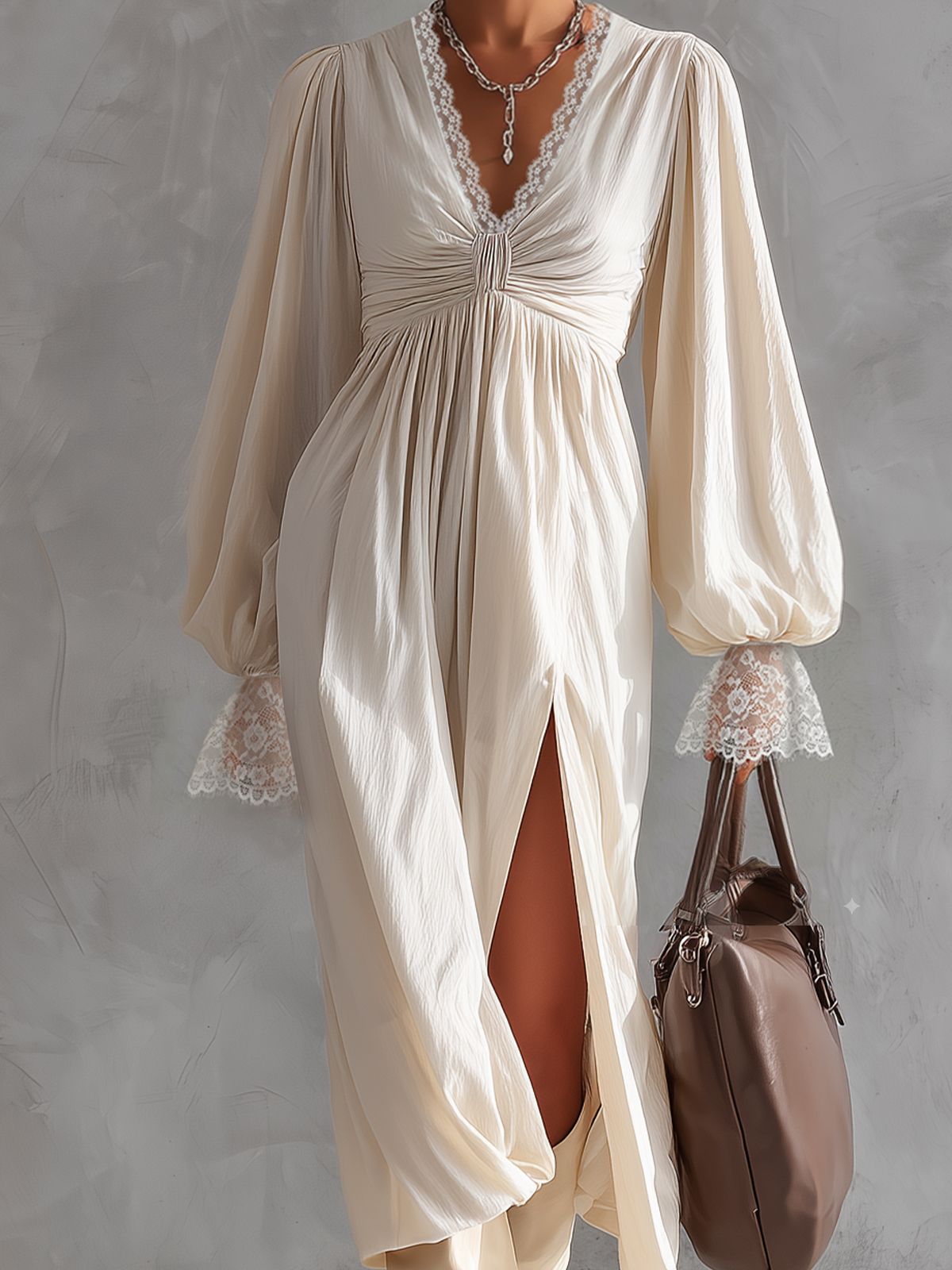 White Lace-Trimmed Balloon Sleeve Midi Dress