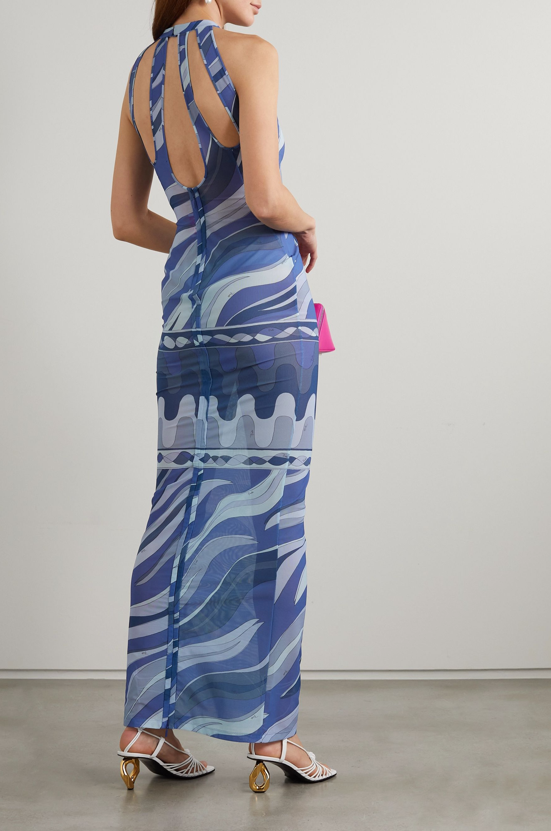 Cutout Printed Stretch-Mesh Maxi Dress