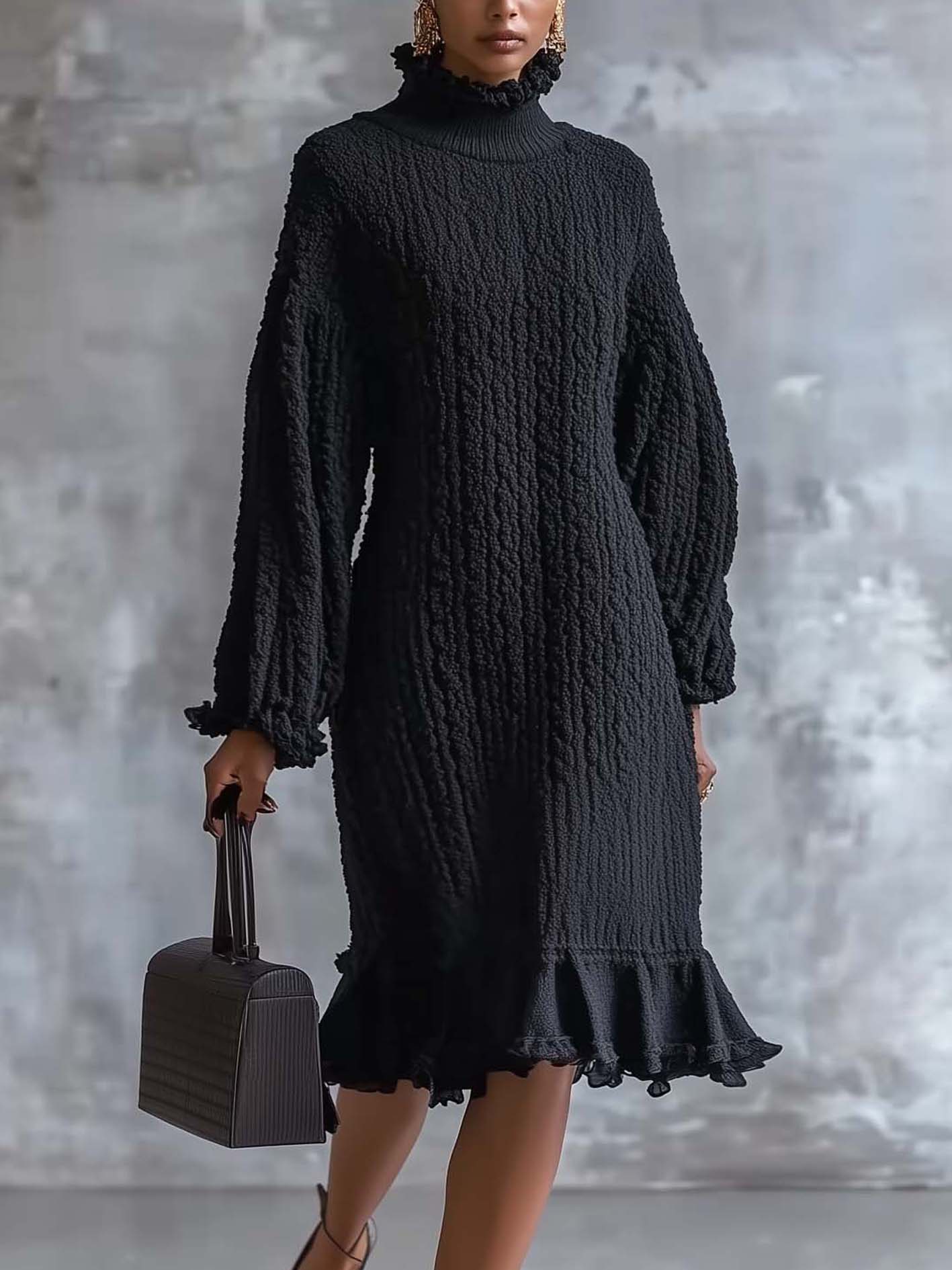 Black Knitted Midi Dress With Ruffled High Collar