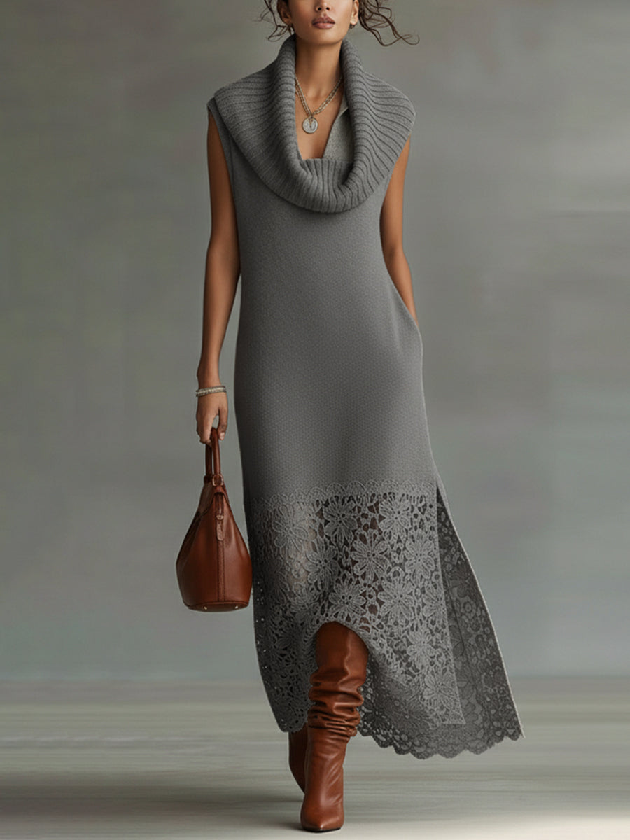 Gray Knit Sleeveless Lace Hem Maxi Dress