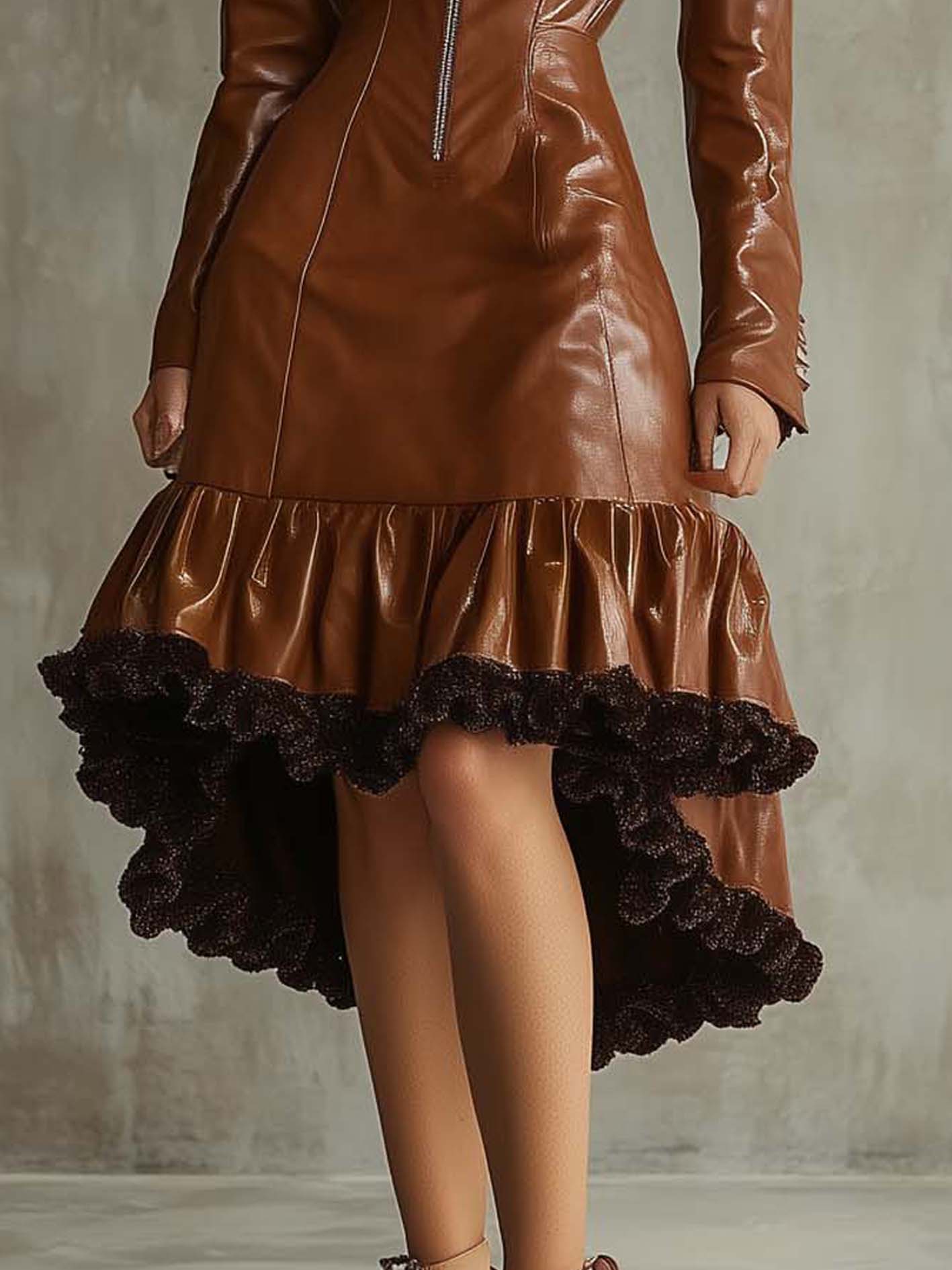 Brown Faux Leather Midi Dress With Ruffled Irregular Hem