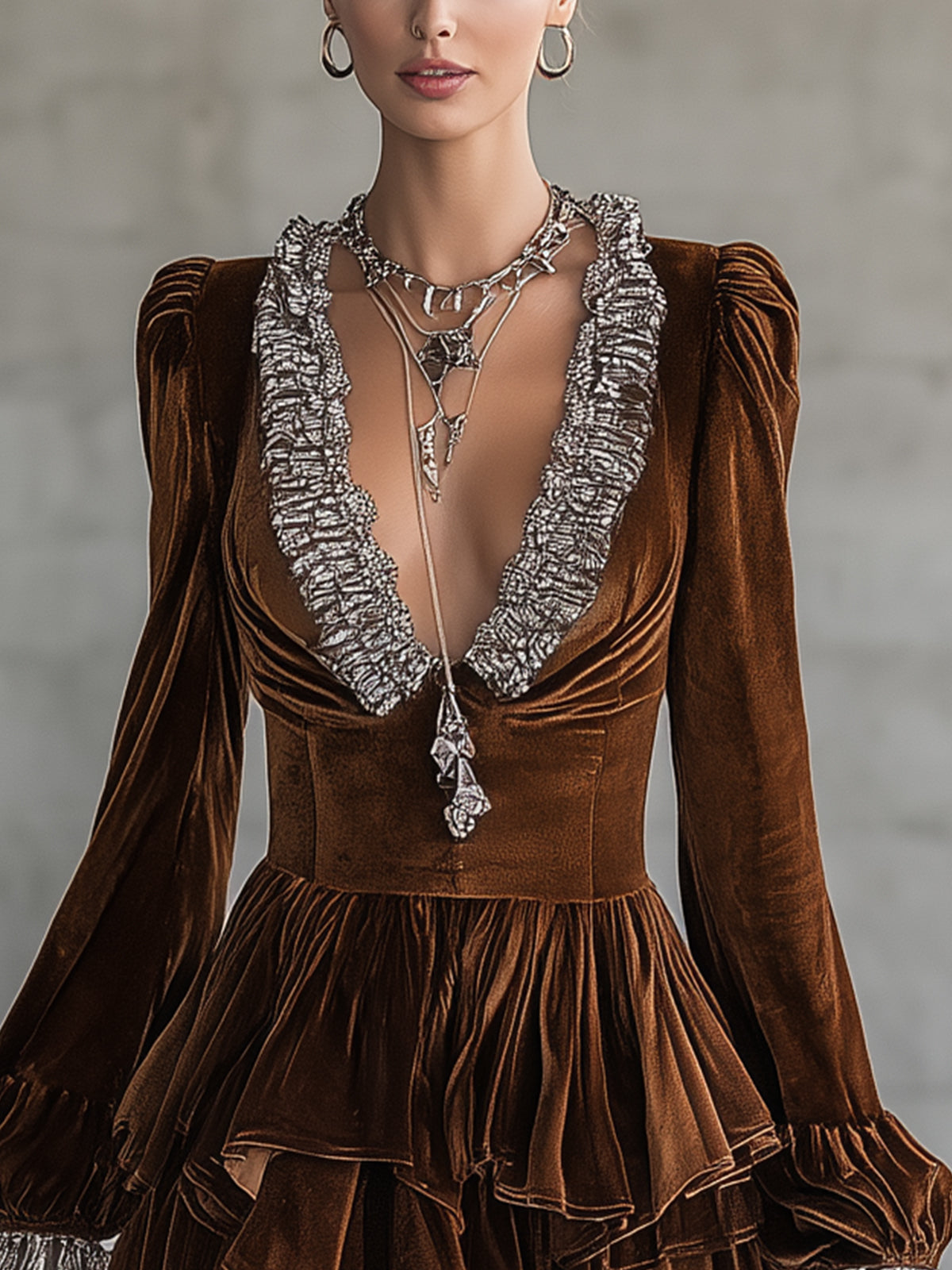 Brown Velvet Ruffled Mini Dress With Silver Trim And Cascading Skirt