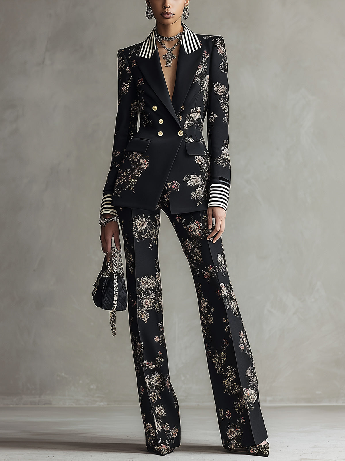 Black Floral Print And Striped Double Breasted Suit