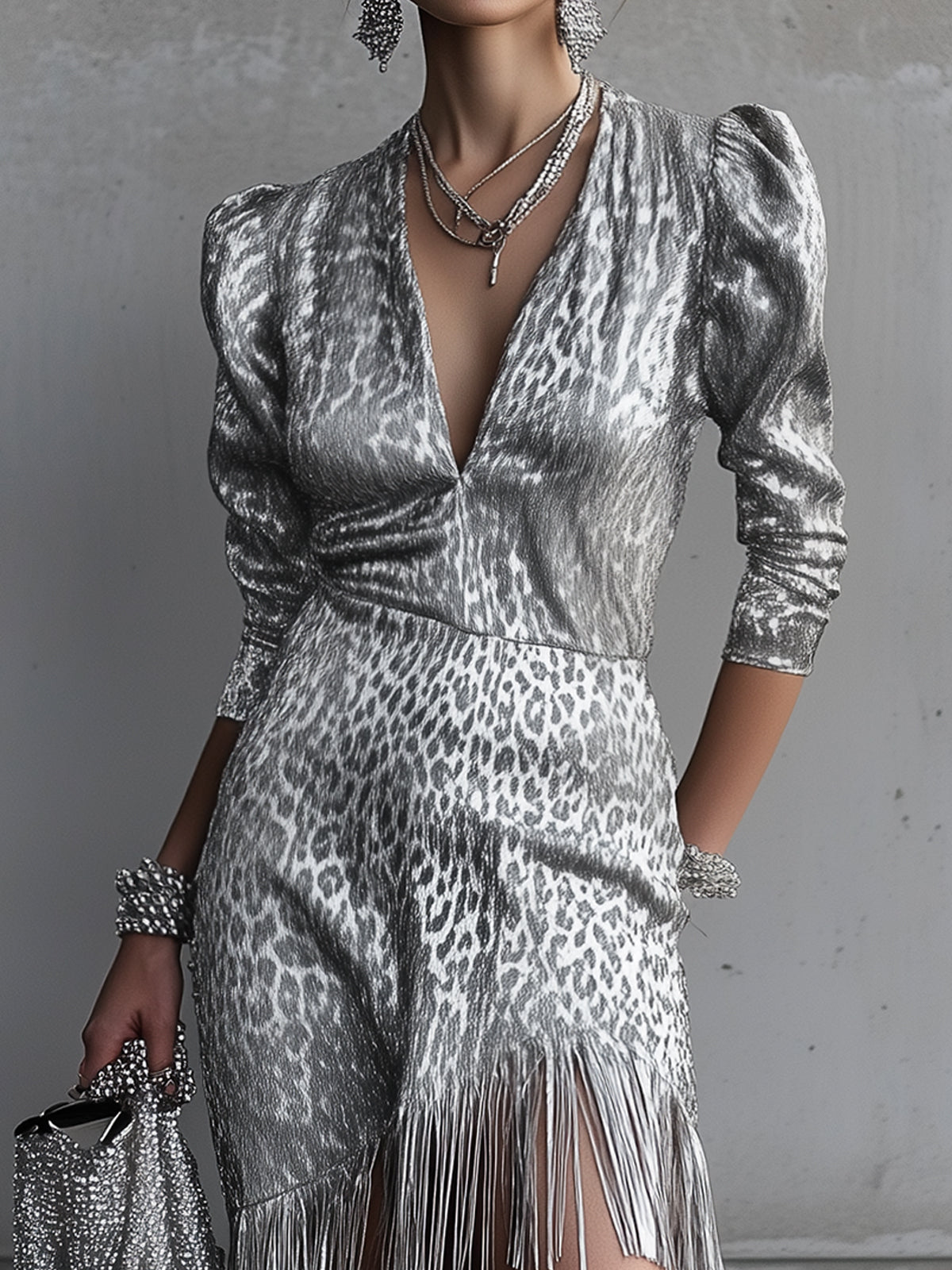 Silver Leopard Fringe V-Neck  Mini Dress