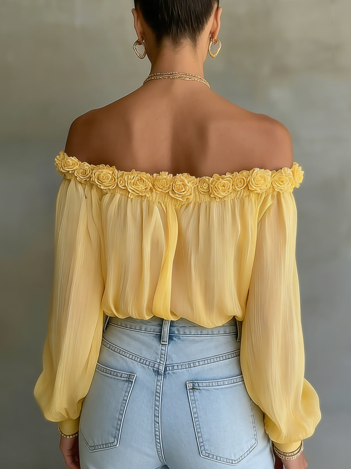 Yellow Floral Trim Off-Shoulder Pleated Chiffon Blouse