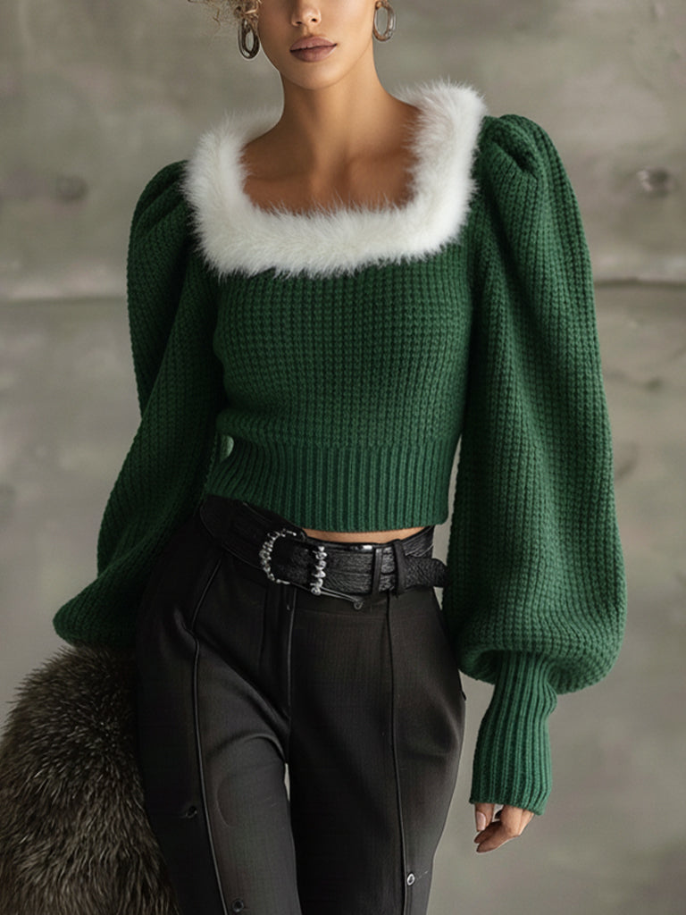 Green Festive Knit Lantern Sleeve Top