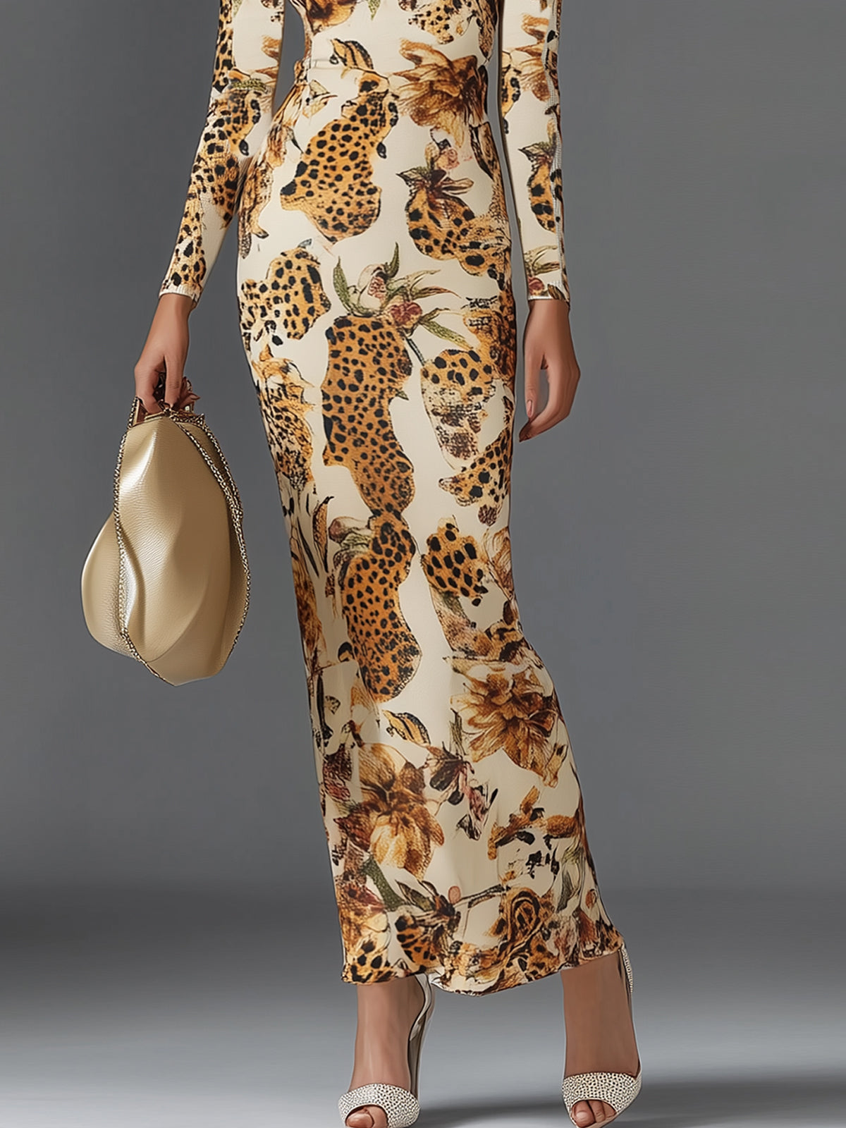 Floral And Leopard Print Maxi Dress With Ribbed Turtleneck