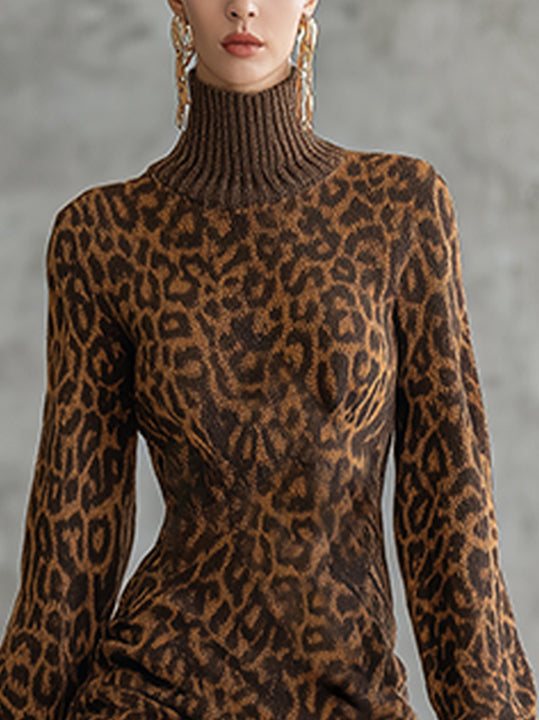 Brown Leopard Print Turtleneck Knit Mini Dress