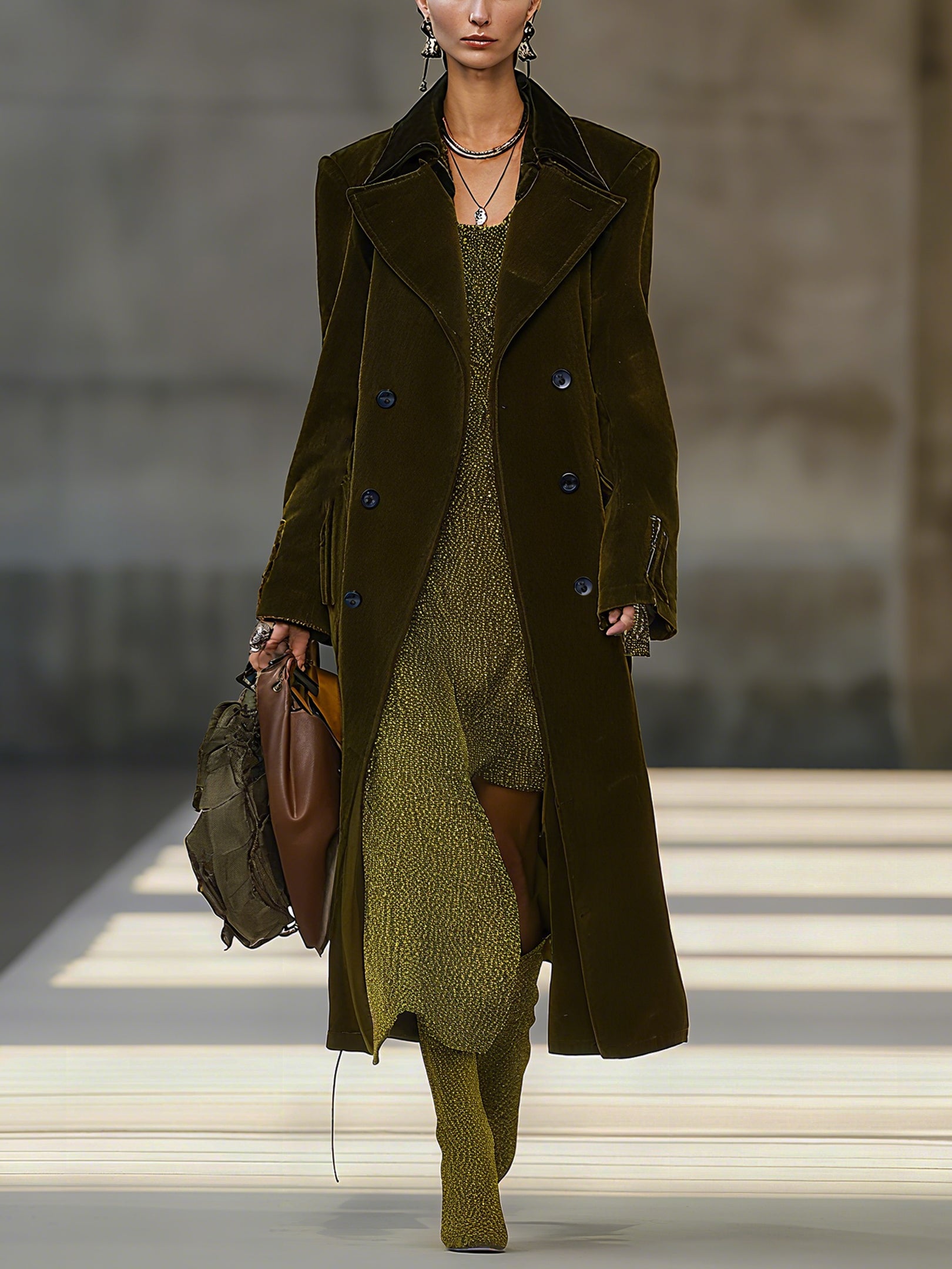 Olive Green Velvet Lapel Double Breasted Coat