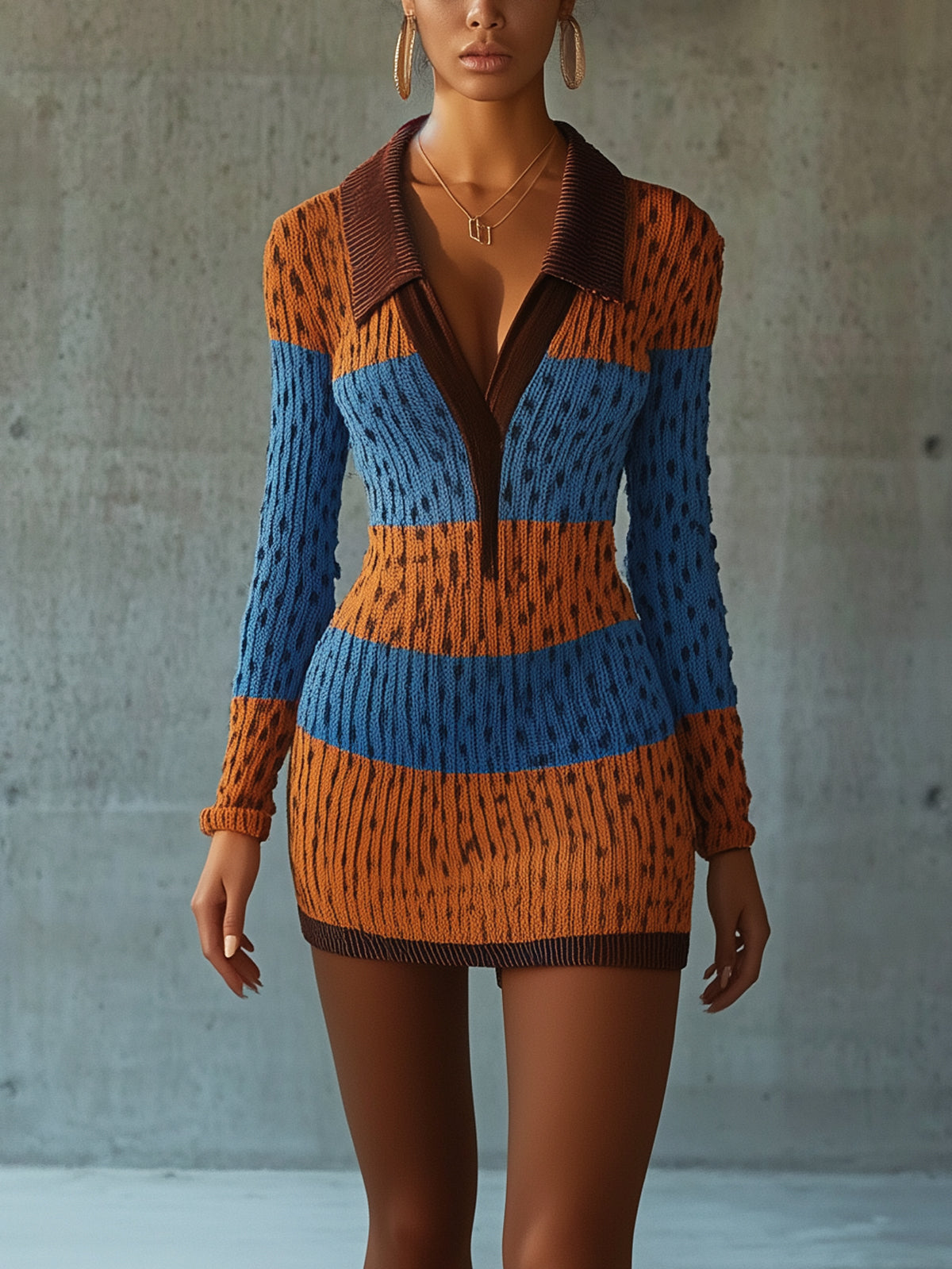 Orange And Blue Leopard Print Knit Neck Long Sleeved Mini Dress