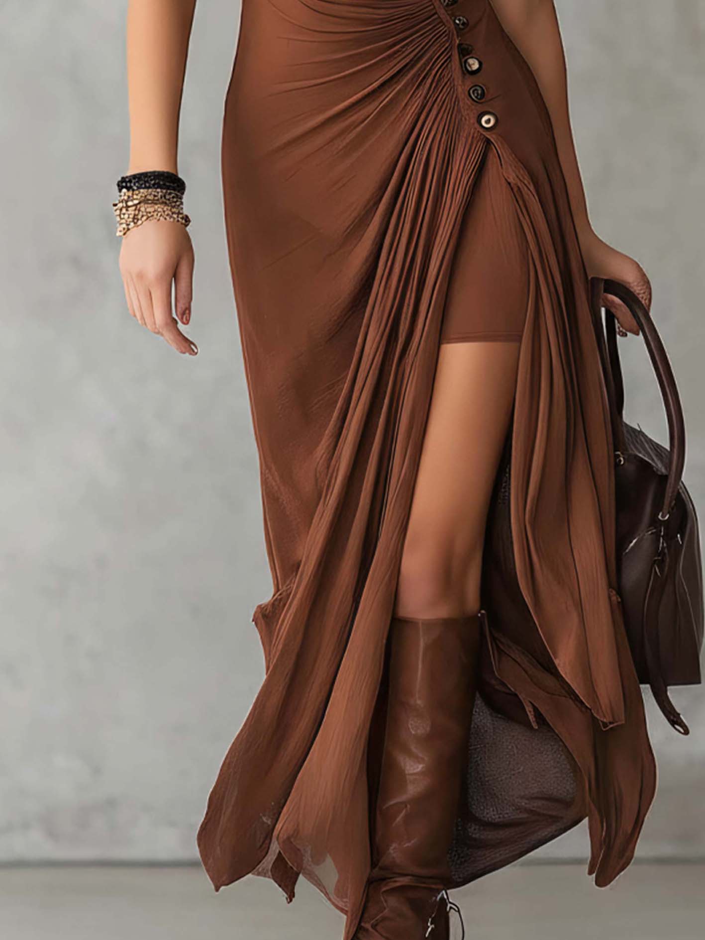 Brown Cotton Linen V-Neck Buttoned Maxi Dress