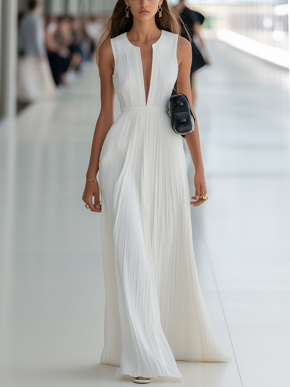 White Solid Pleated Deep-V Sleeveless Floor-Length Maxi Dress