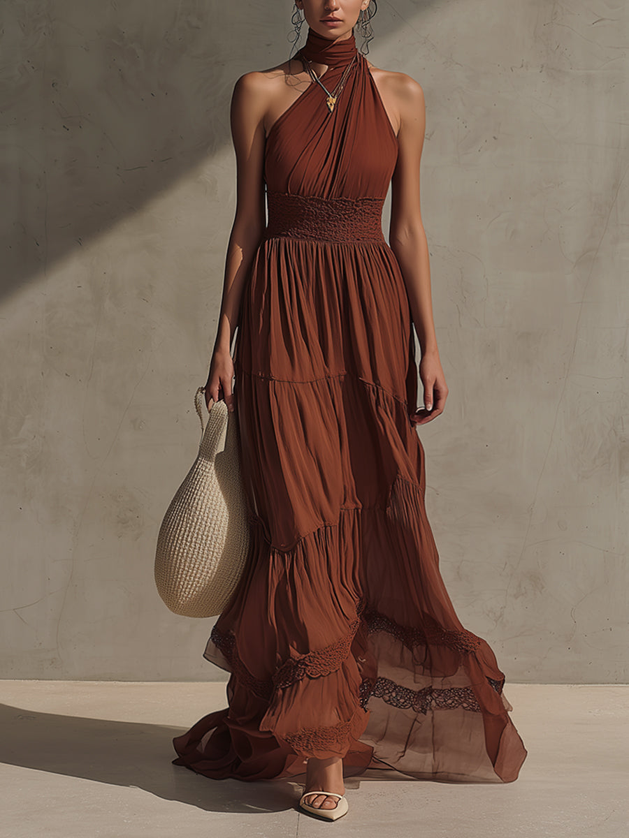 Red Chiffon Lace Maxi Dress