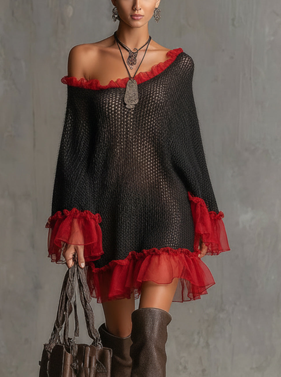 Black And Red Mesh Knit Off-Shoulder Ruffle Hem Sweater Dress