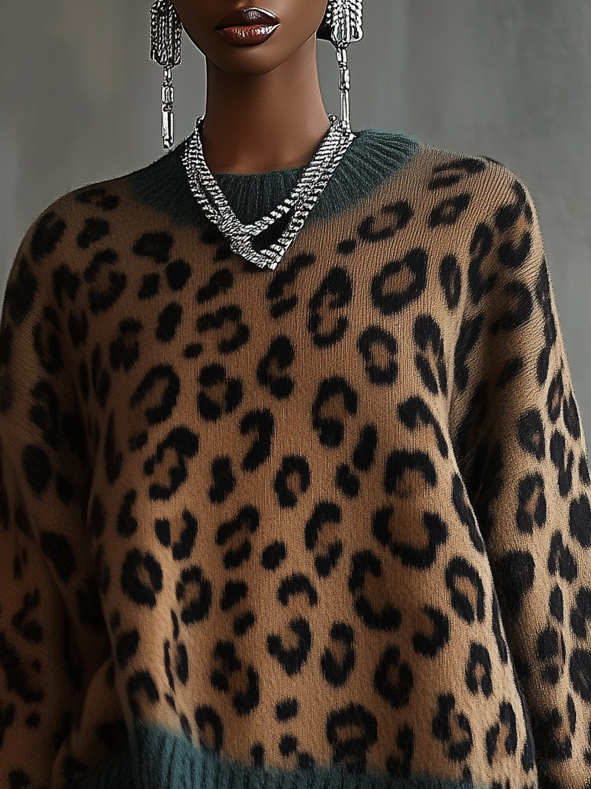Leopard Print Knit Sweater With Contrasting Ribbed Trim