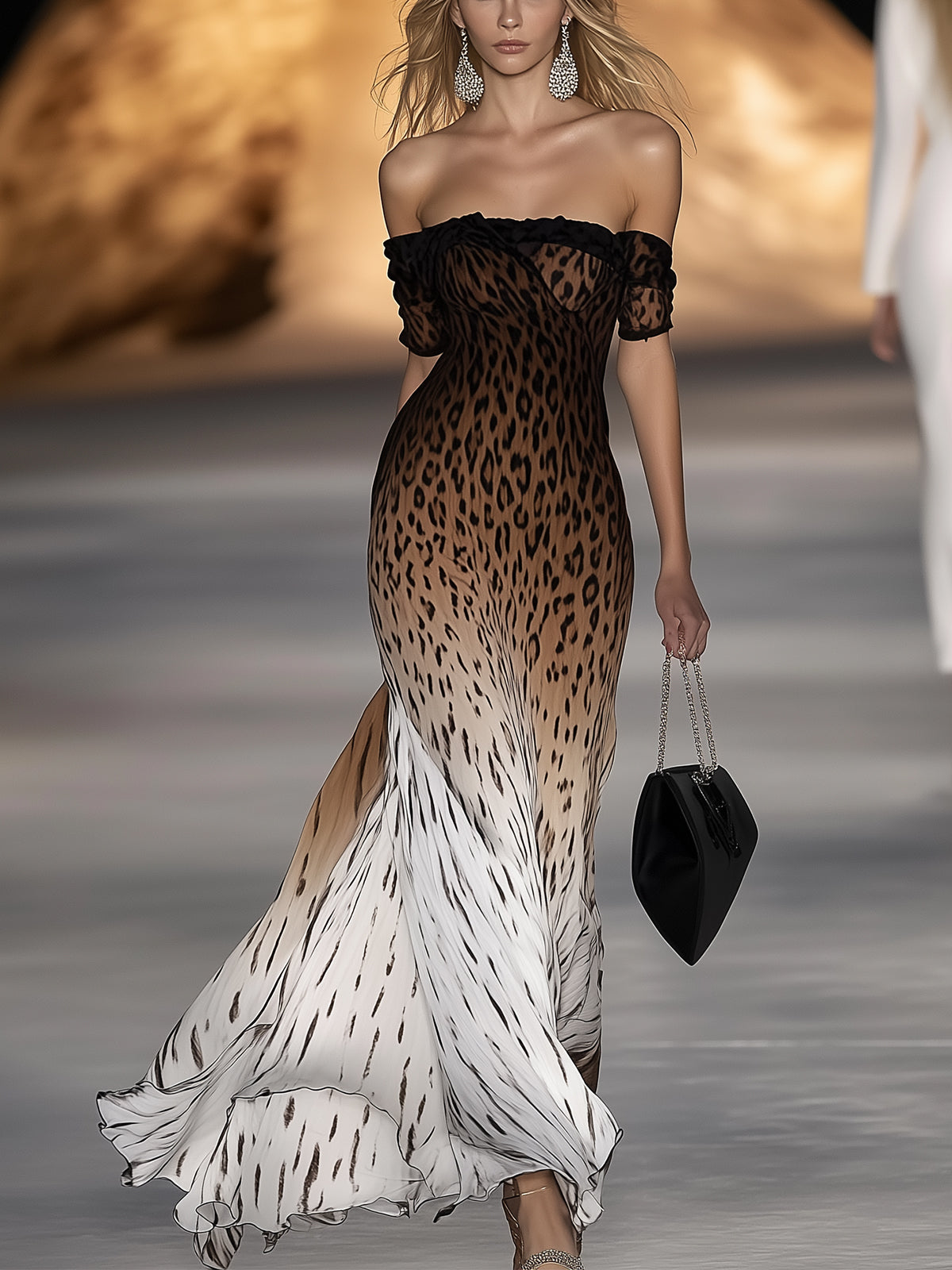 Off Shoulder Ombre Leopard Print Maxi Dress