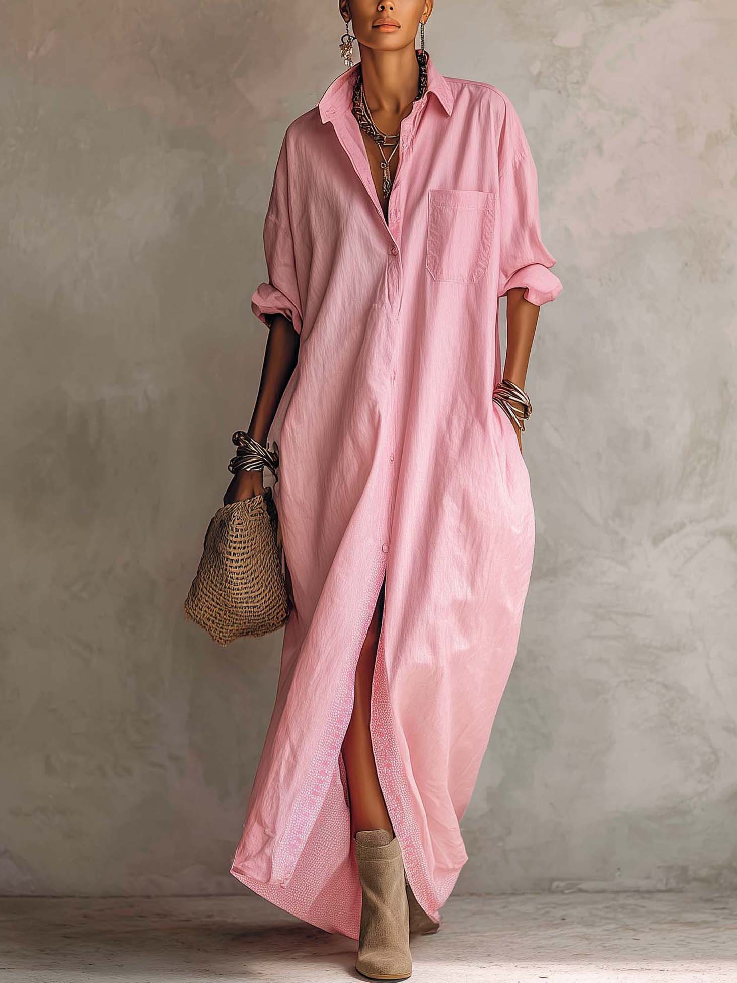 Pink Cotton Linen Casual Maxi Shirt Dress