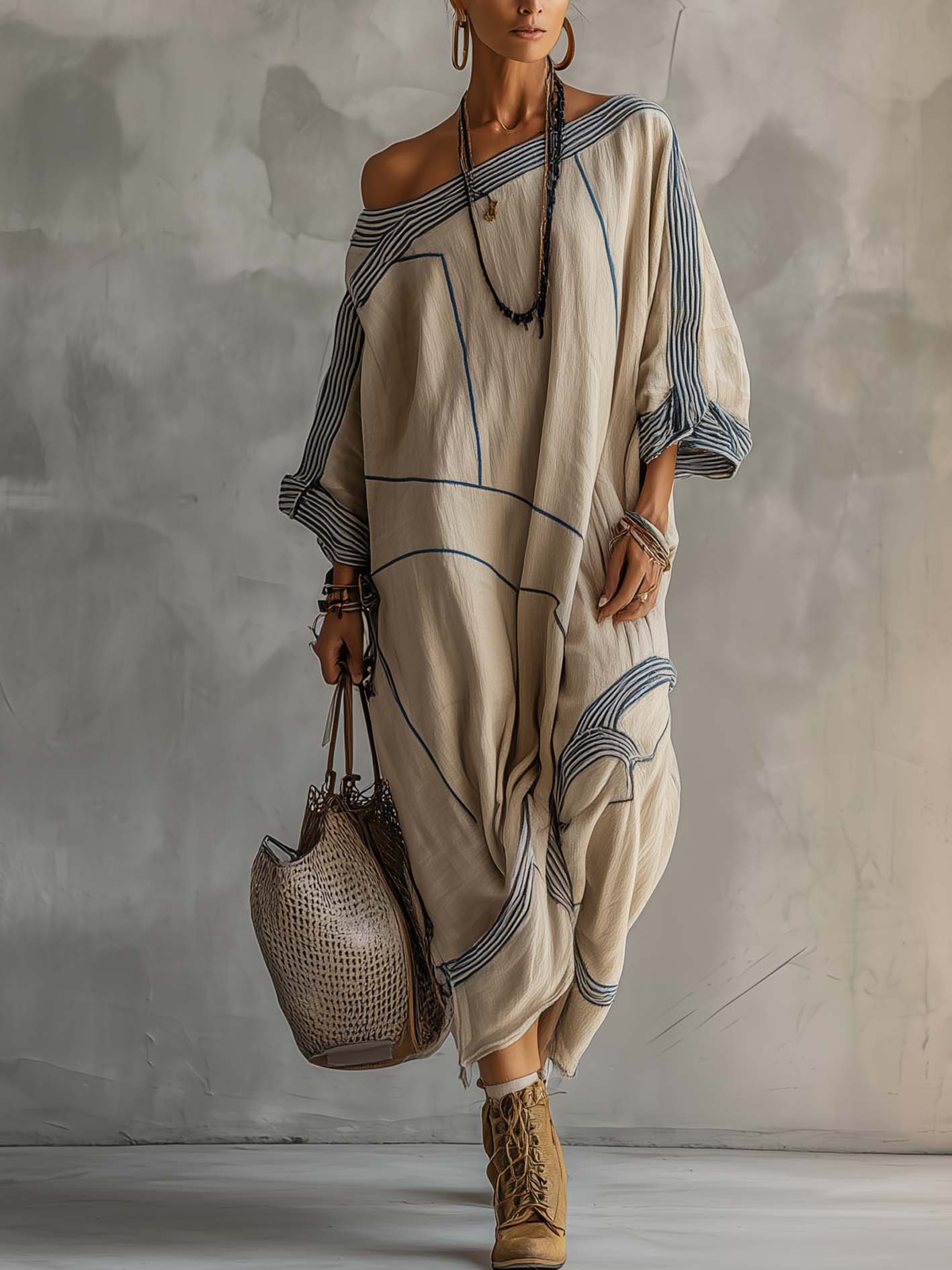 One Shoulder Oatmeal Blue Abstract Cotton Linen Maxi Dress