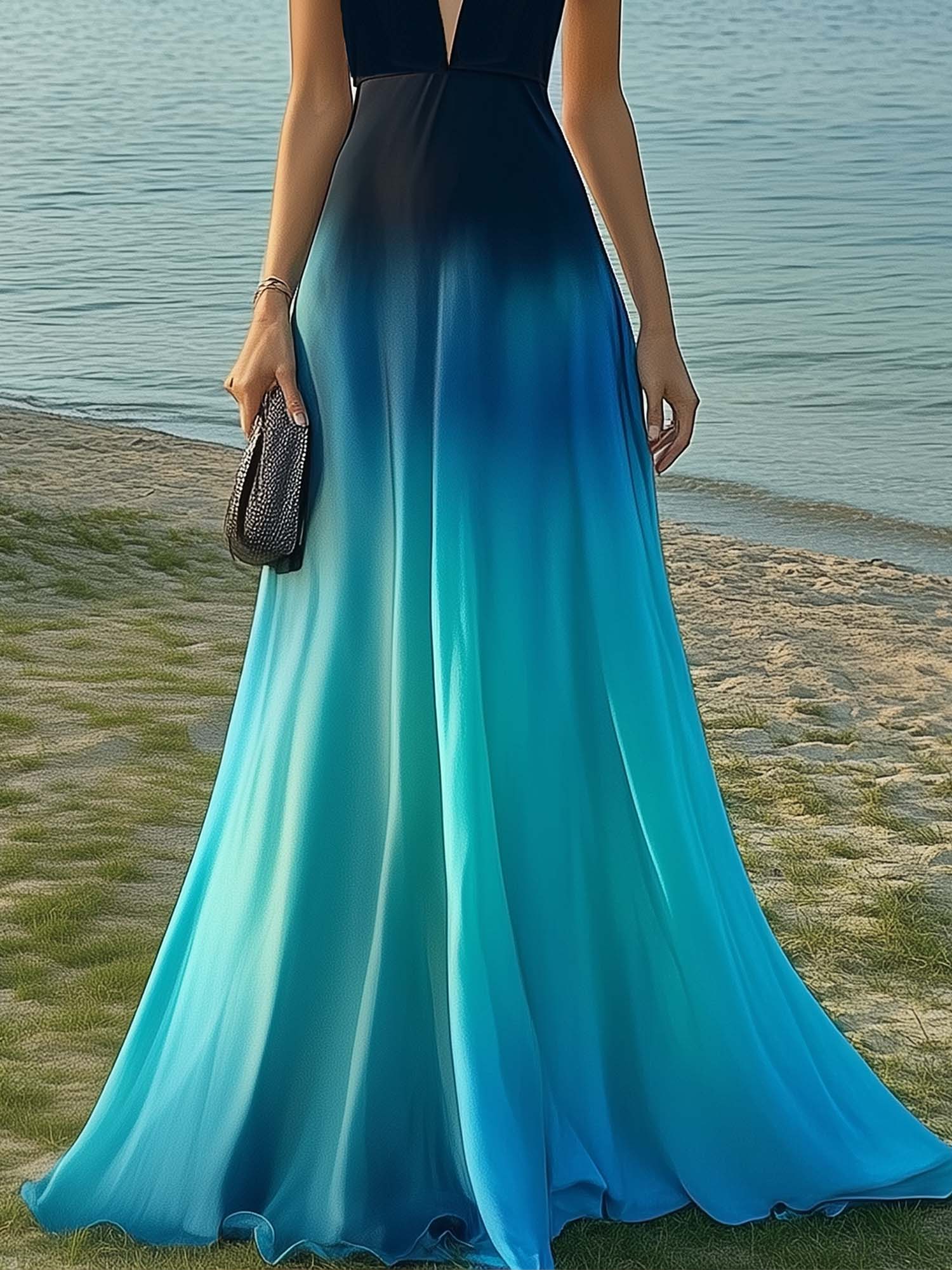 Maxi Dress With Elegant Gradient Print And Mesh Neckline