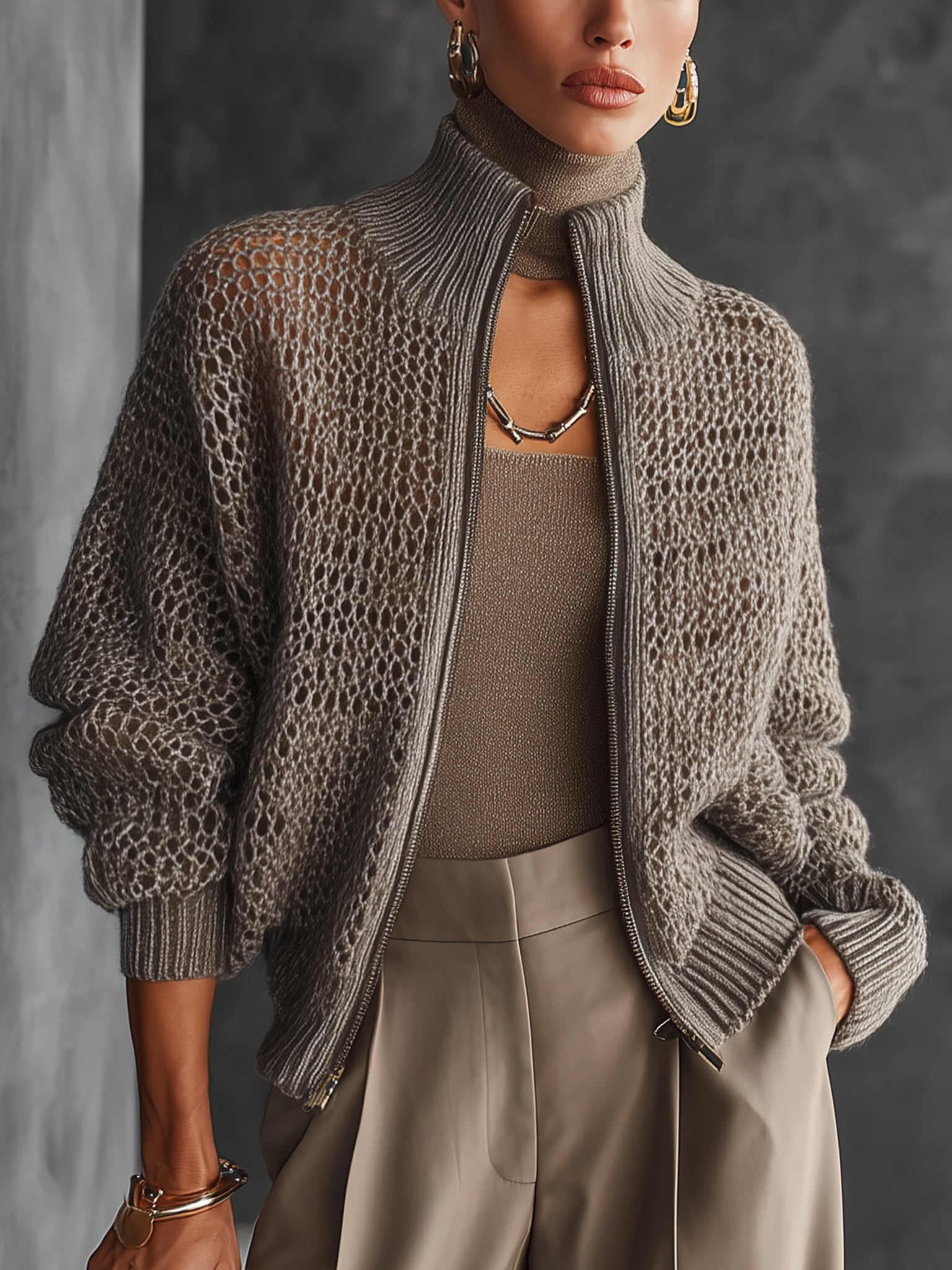 Taupe Mohair Knit Zippered Openwork Cardigan