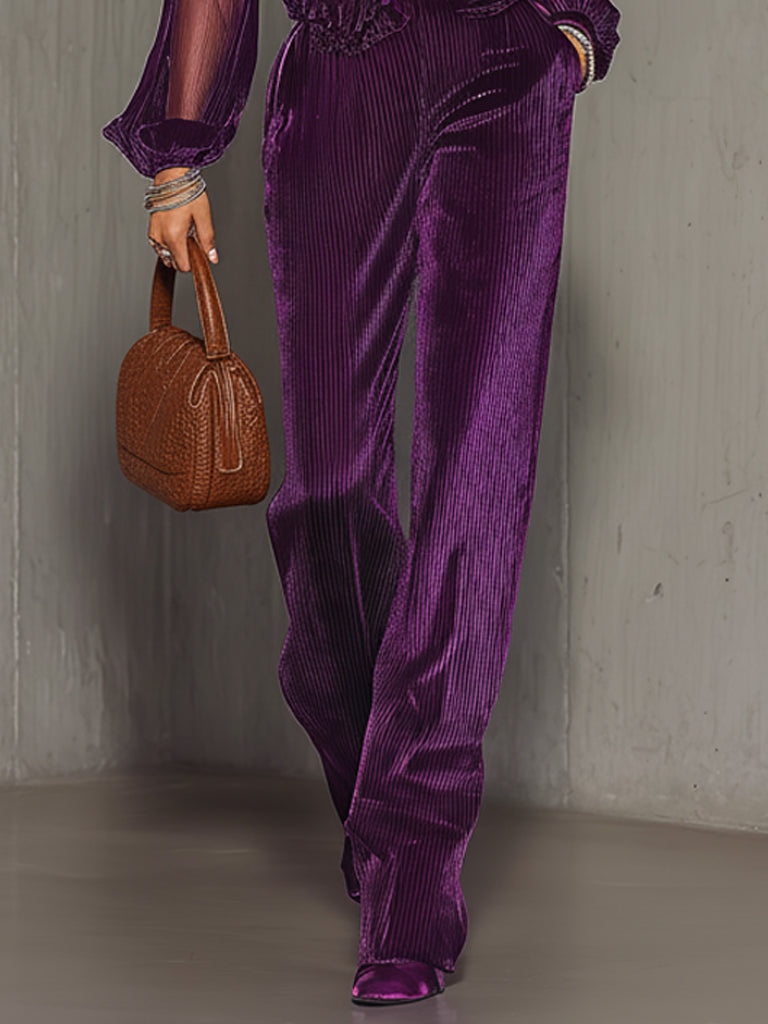 Purple Mesh Ruffled Top And Pleated Velvet Trousers Set