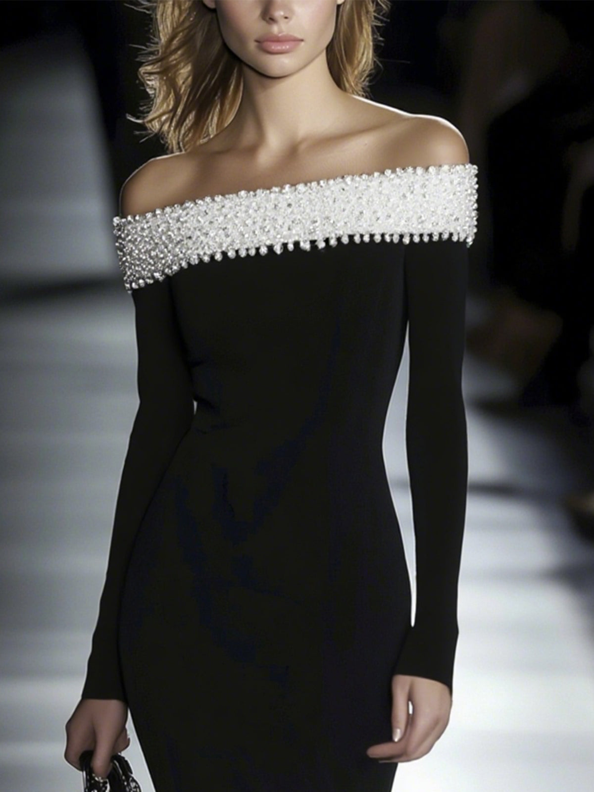 Off Shoulder Black Midi Dress With Pearl Embellished Neckline