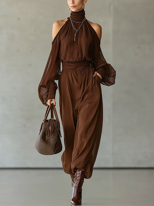 Brown Chiffon Shirt With High Neck And Cold-Shoulder Balloon Sleeves