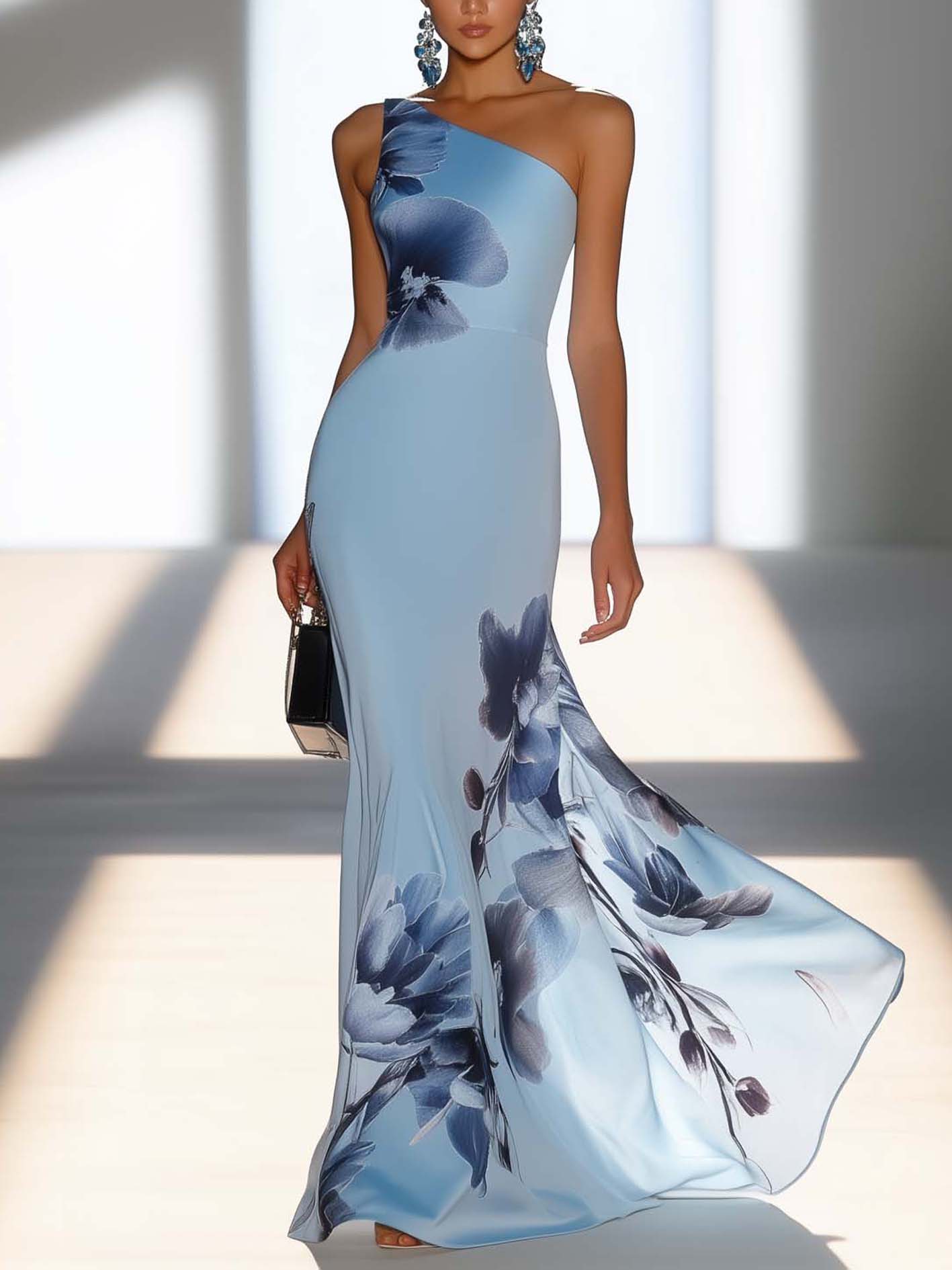 One Shoulder Blue Chiffon Maxi Dress With Elegant Flowers
