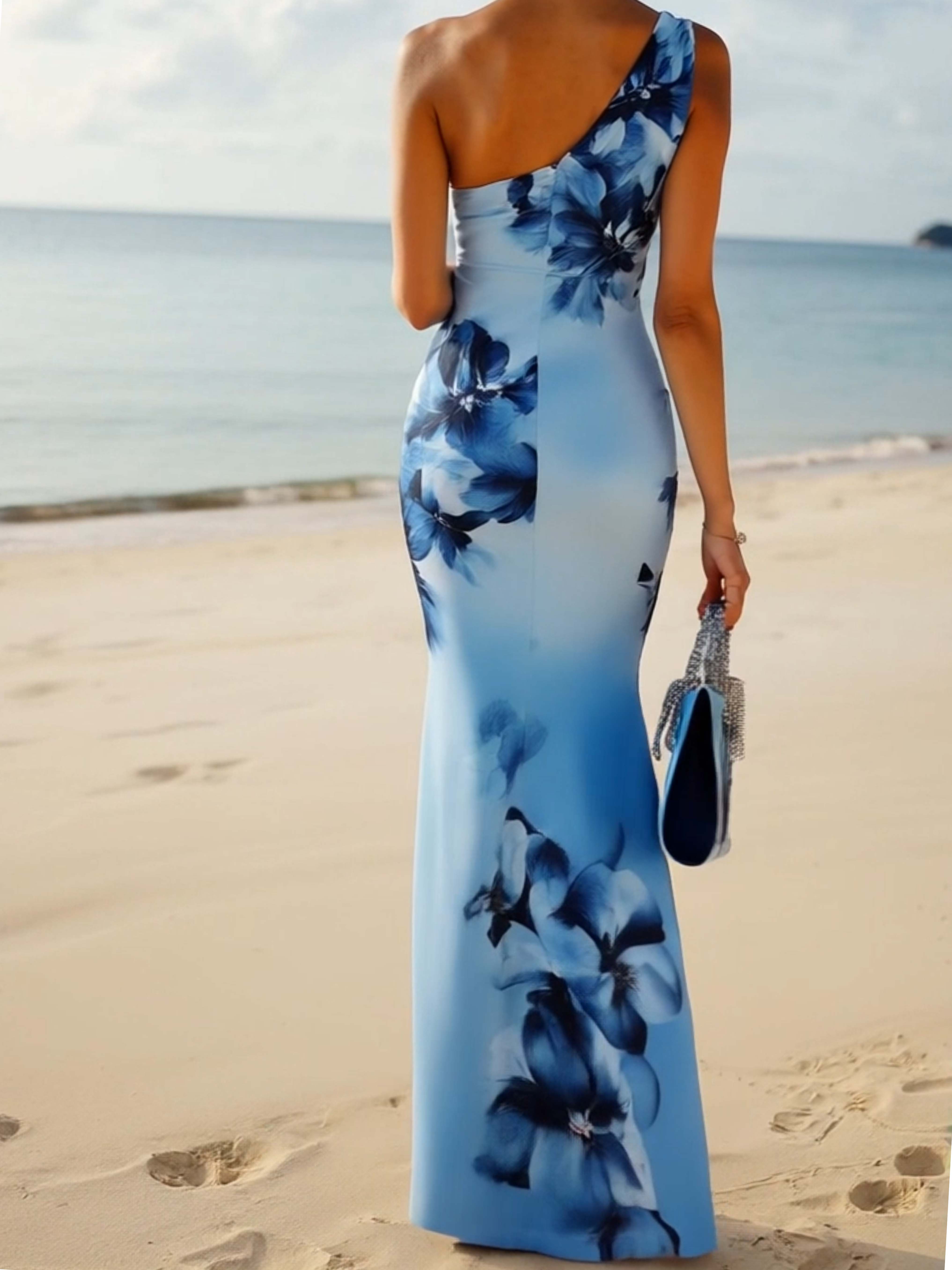 One Shoulder Light Blue Bodycon Dress With Blue Gradient Floral Print
