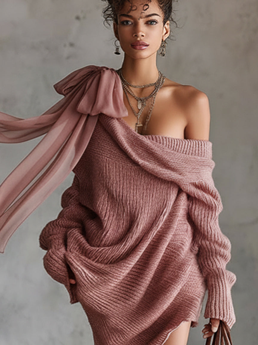 Pink Asymmetrical Chiffon Bow Collar Knit Mini Dress