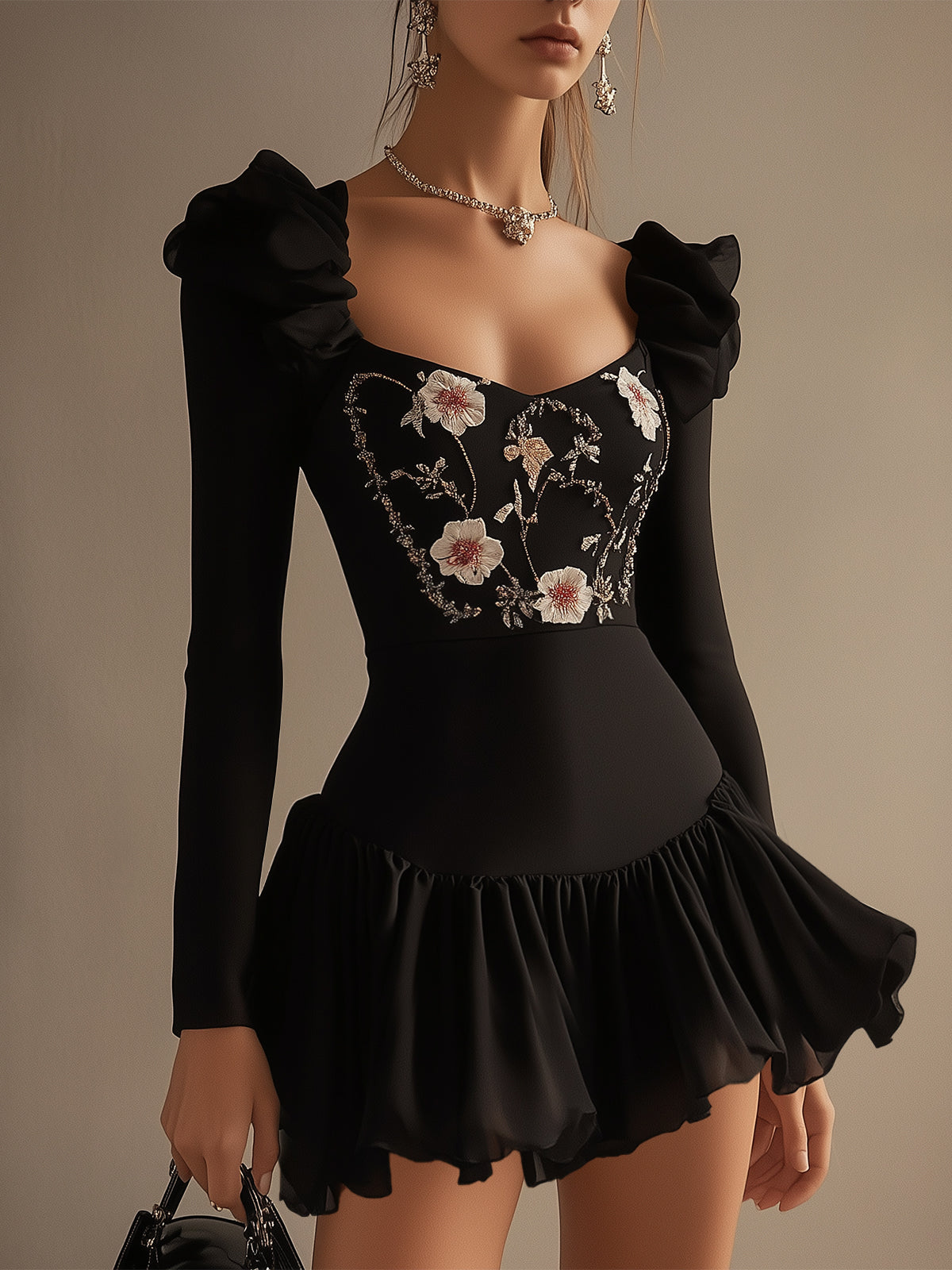 Black Floral Embroidered Ruffle Hem Mini Dress