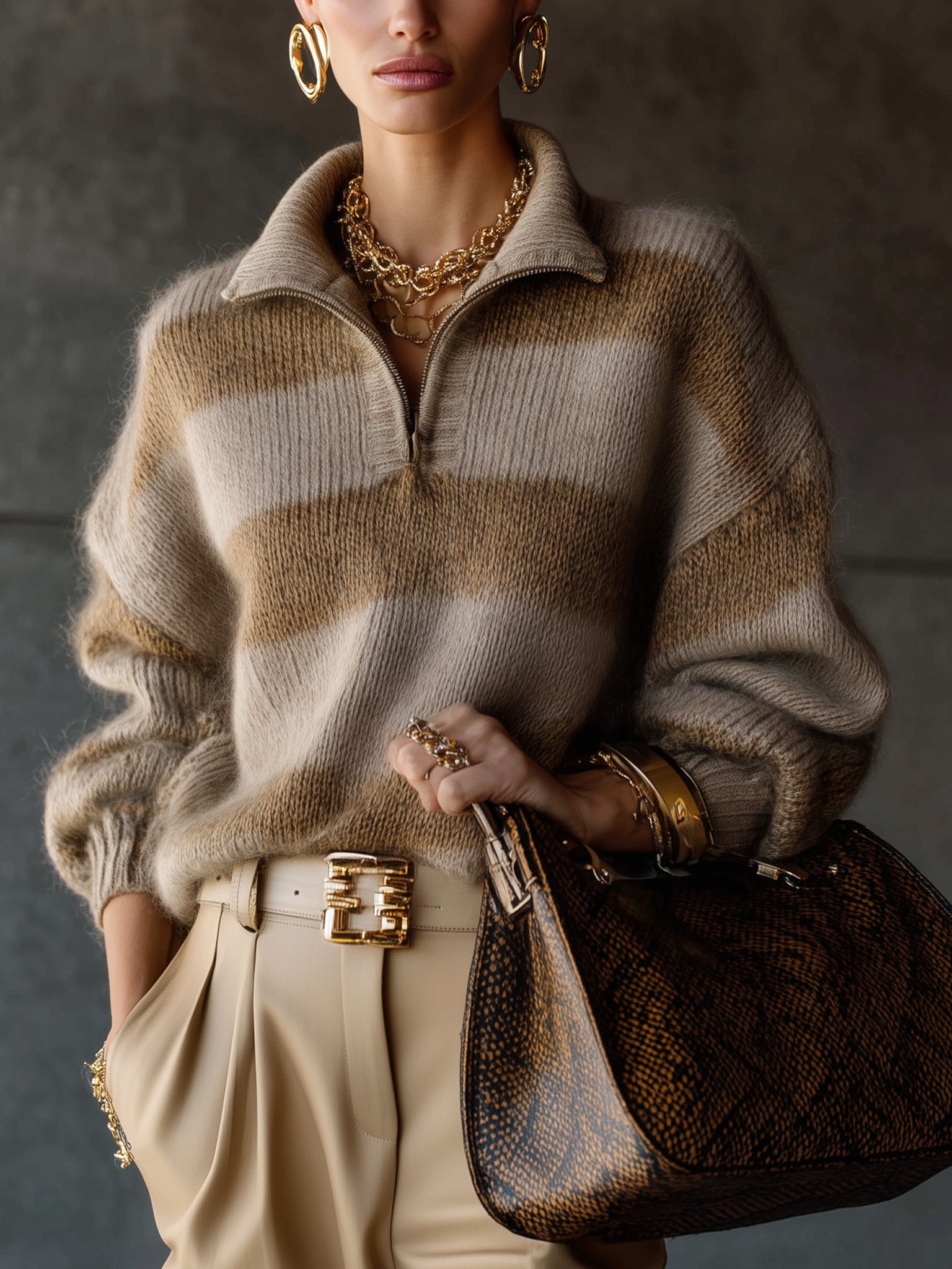 Taupe Striped Mohair Half Zip Pullover