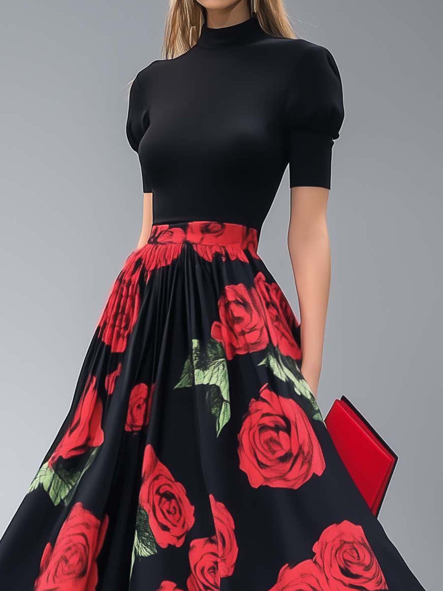 Black Maxi Dress With Red Rose Print