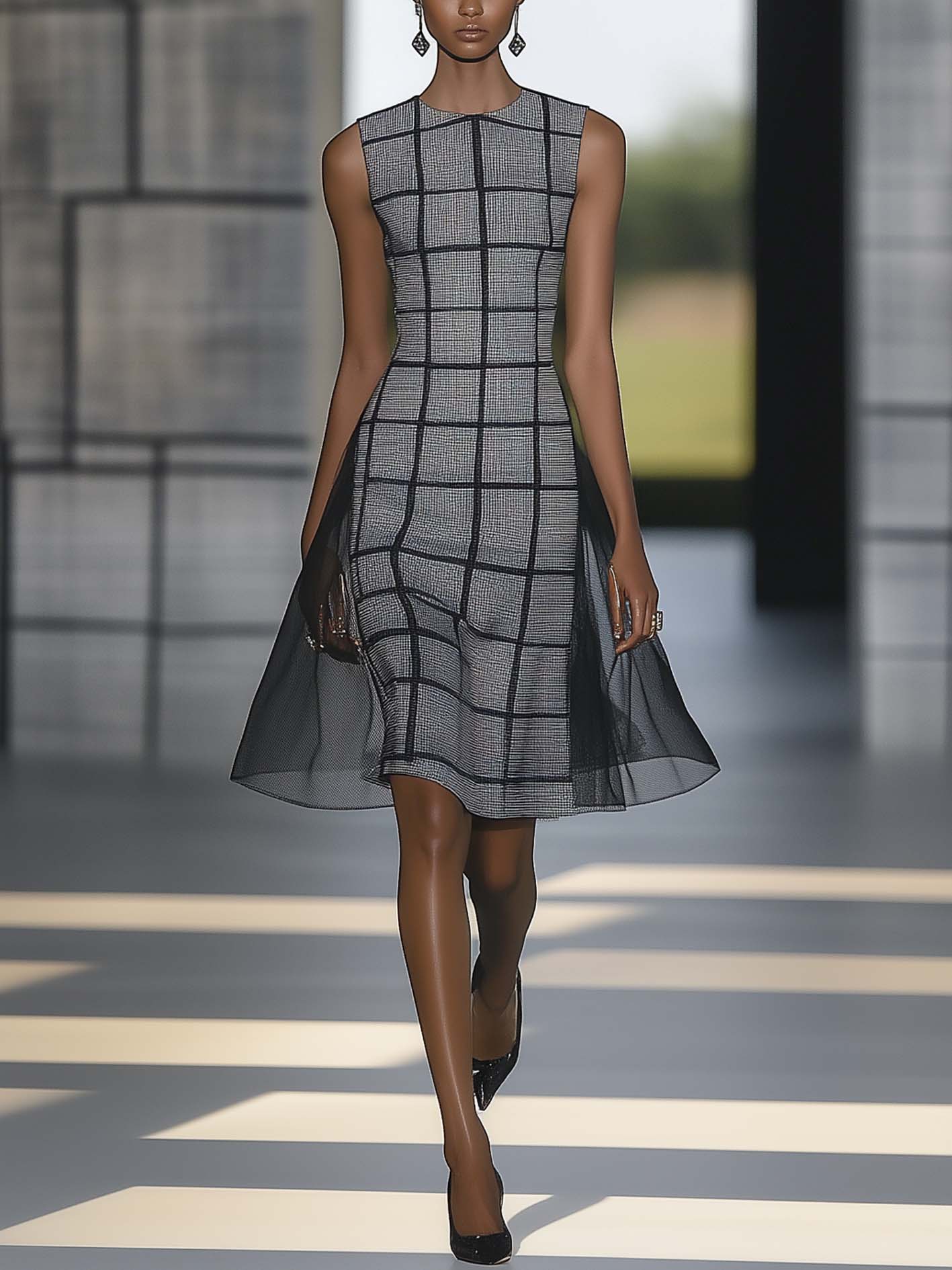 Gray Midi Dress With Black Mesh Outer Layer And Black Checkered