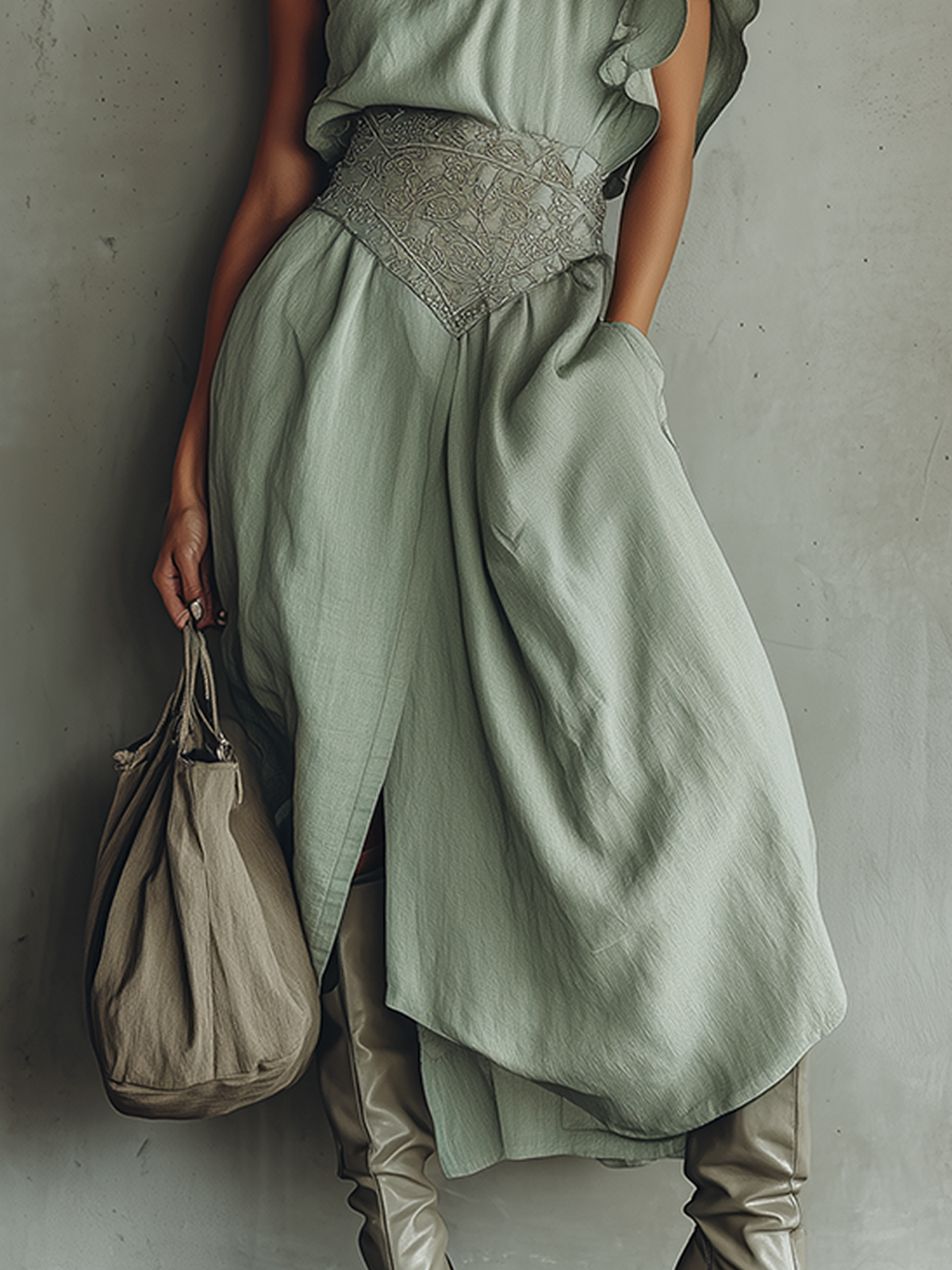 Light Green Asymmetric Ruffled One-Shoulder Midi Dress