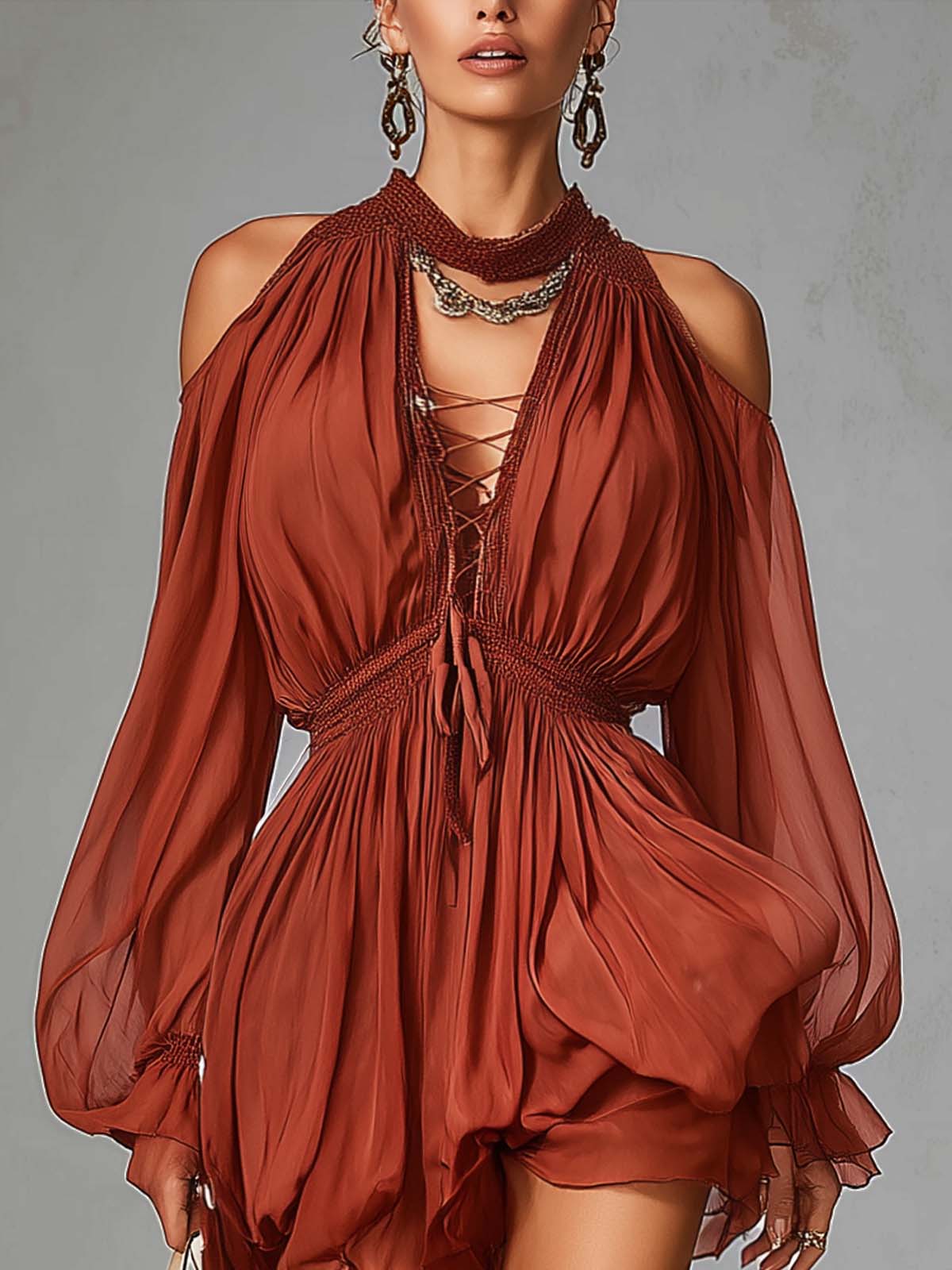 Red Chiffon Off Shoulder Cutout Tie Up Mini Dress