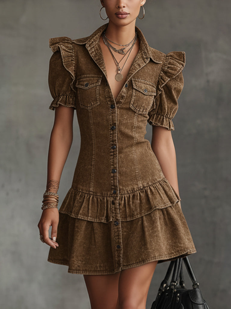 Vintage Brown Washed Denim Short Sleeve Mini Dress