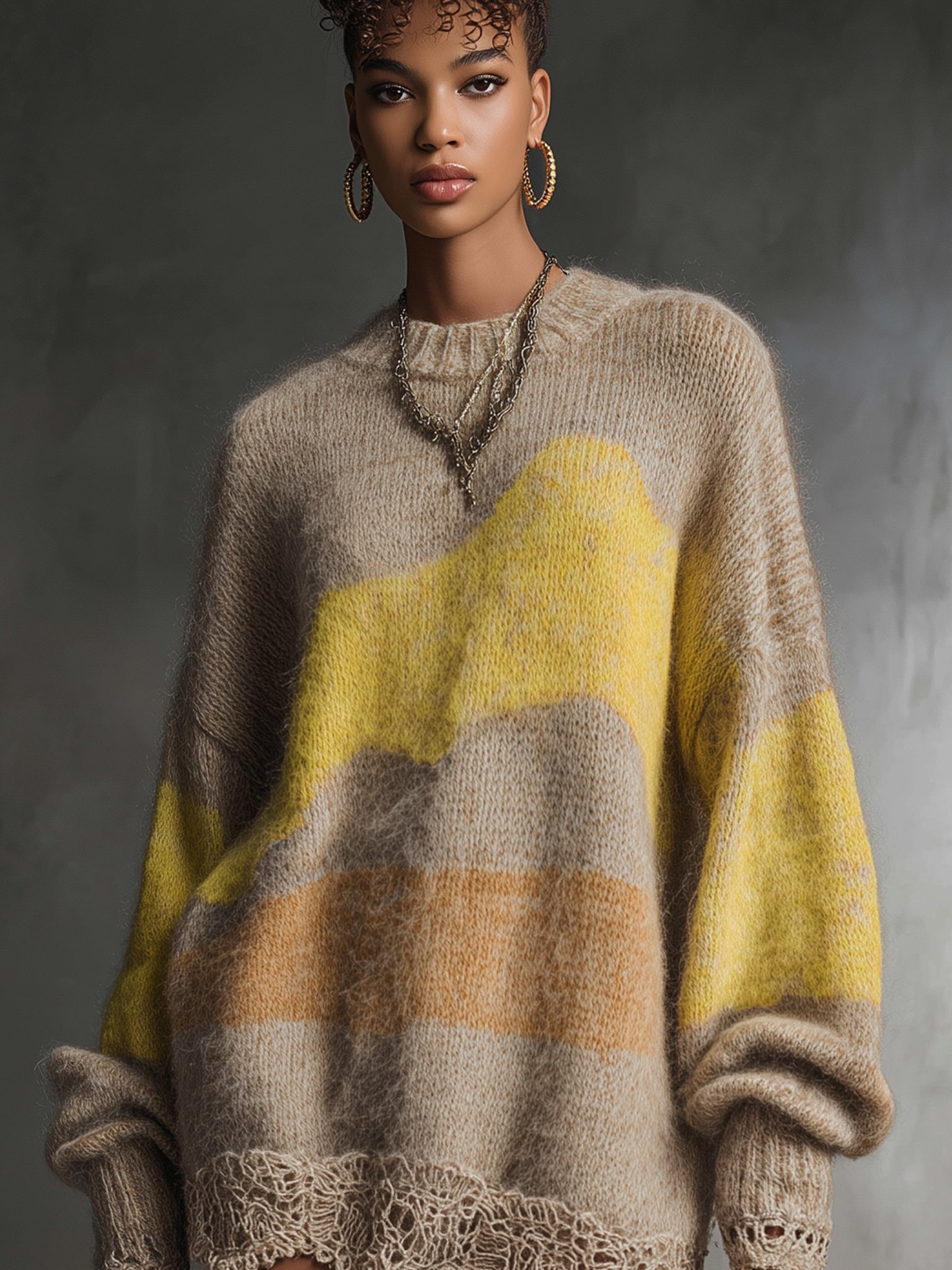 Beige Knit Long Sleeve Mini Dress With Lace Hem