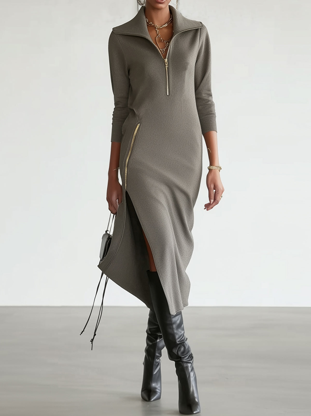 Gray Knit Zip Accent High Collar Long Sleeve Maxi Dress